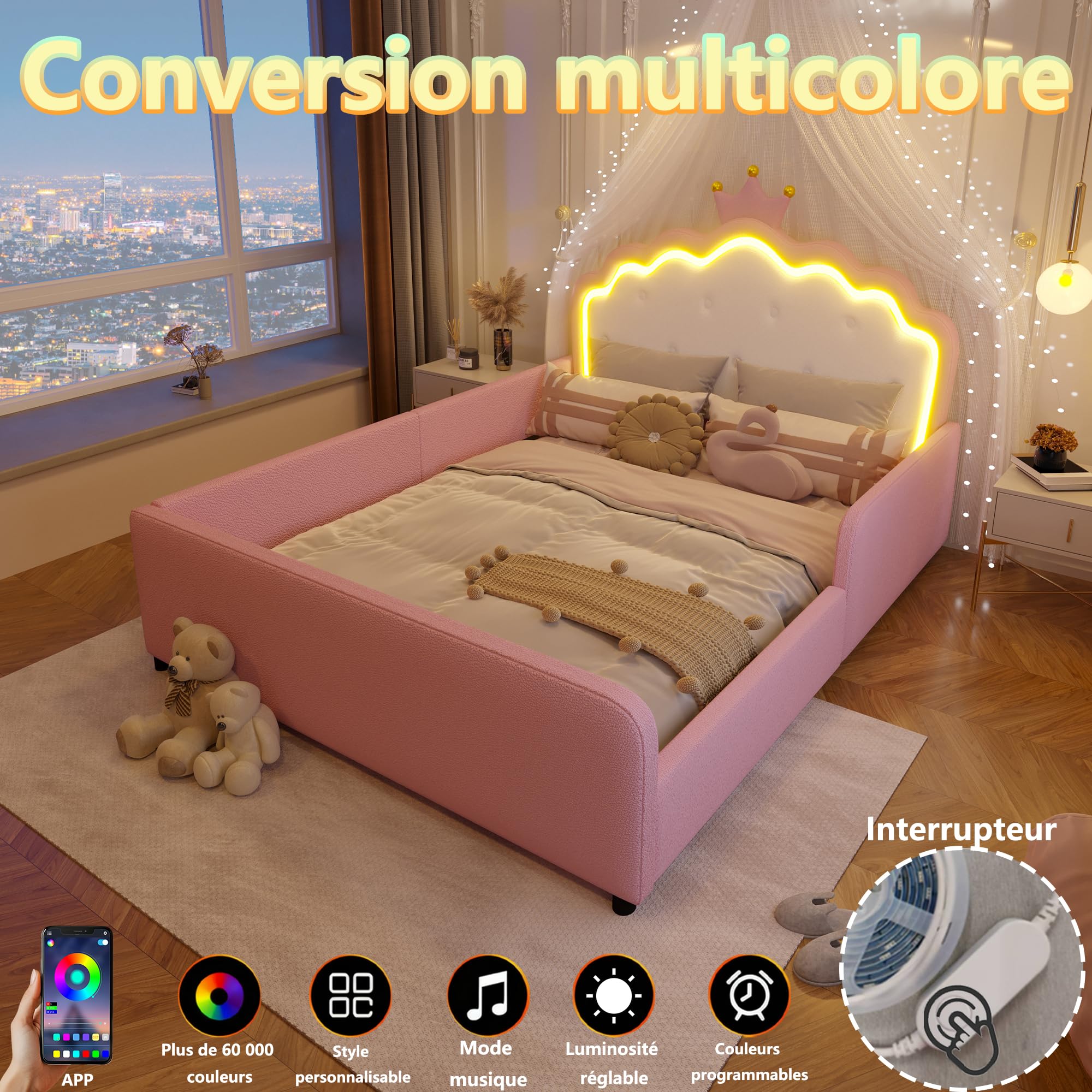Cadre de Lit Princesse 140x190 cm, Cadre Rembourré PU Rose avec Tête de Lit Couronne LED Intégrée et Barrières de Sécurité pour Chambre de Fille, sans Matelas