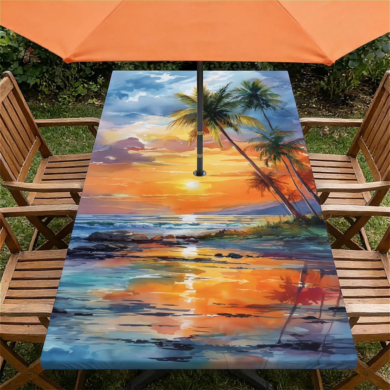 Rectangle Outdoor Tablecloth with Umbrella Hole and Zipper, Waterproof Fitted Patio Table Cover with Elastic Edge, Wipe Clean Snug Fit for Garden Picnic Party, 48x30 inch, Tropical Sunset