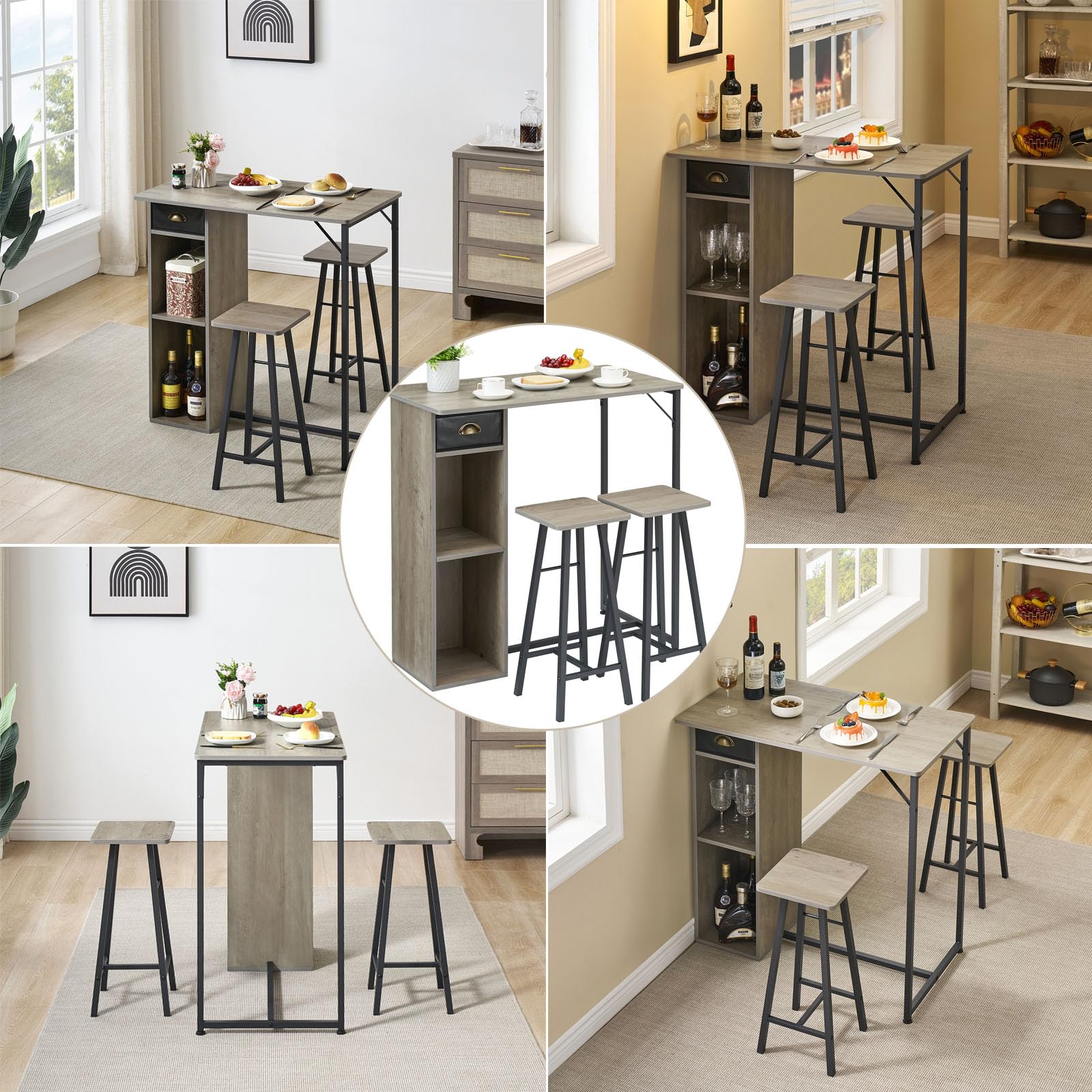 Zstar Conjunto de Mesa de Bar con 2 Taburetes, Mueble Auxiliar con Almacenamiento Lateral, para Cocina y Comedor, Color Gris Madera