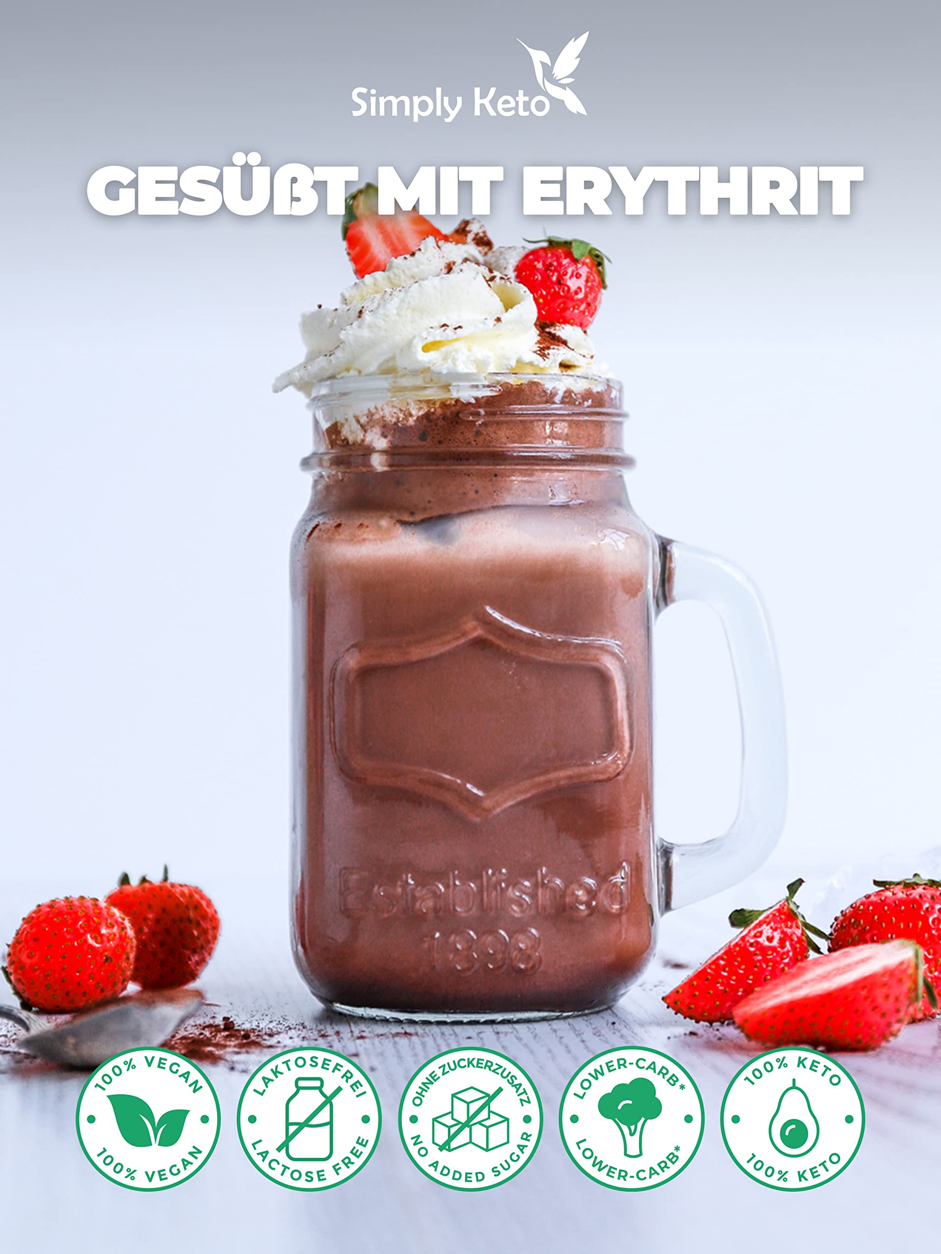 Simply Keto Chocolate para beber sin azúcar 700g Cacao en polvo 42% cacao Endulzado con Eritritol-Stevia