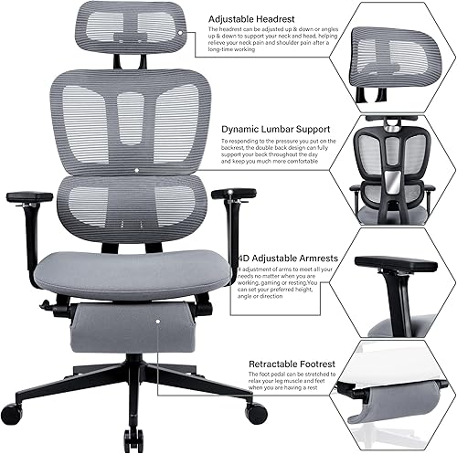Miniatura 7 de Silla de oficina de malla con reposapiés retráctil, silla de escritorio ergonómica, respaldo alto, reposacabezas ajustable y reposabrazos 4D,