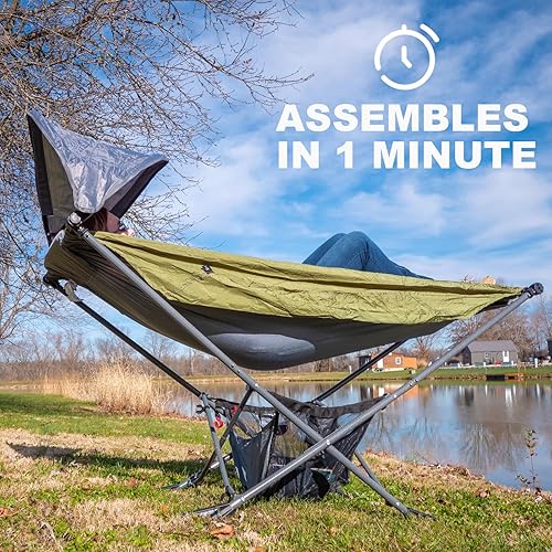 Miniatura 5 de Hamaca portátil con soporte, la mejor hamaca Mock ONE del mundo, hamaca plegable compacta enmarcada con toldo de sombra ajustable para parque, patio