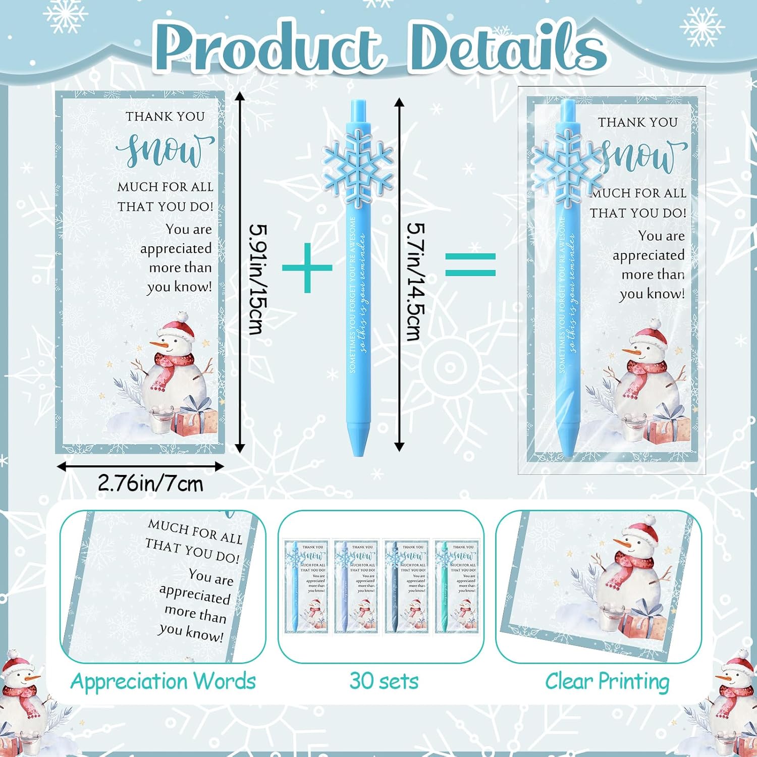 Sayglossy 30 Sets Employee Christmas Appreciation Gift Bulk Snowflake Ballpoint Pen Inspirational Ballpoint Pen with Thank You Card Employee Appreciation Gift for Staff Teacher Coworker (snowflake)