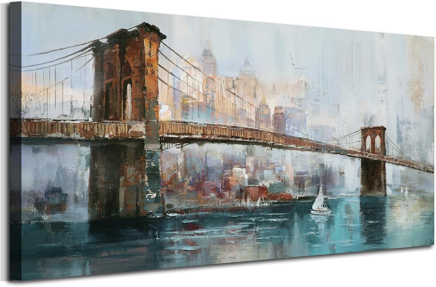 Acocifi Brooklyn Bridge Wall Art for Living Room New York Skyline Picture Abstract Cityscape Office Canvas Painting Large Textured Artwork Framed for Bedroom Home Decor 48"x24"