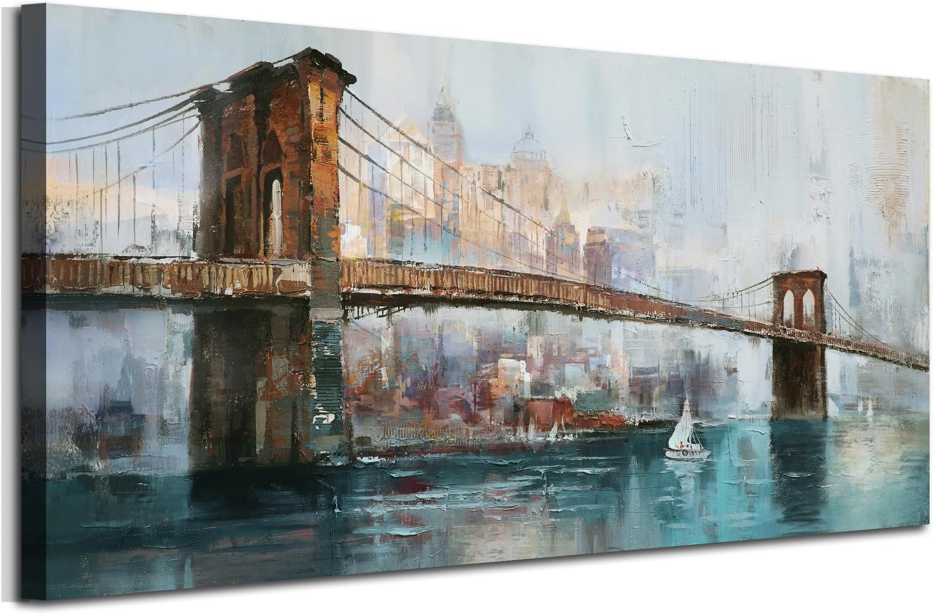 Acocifi New York Brooklyn Bridge Wall Art for Living Room Abstract Cityscape Skyline Picture Large Canvas Painting Textured Artwork Framed for Bedroom Men Office Bathroom Home Decor 40"x20"