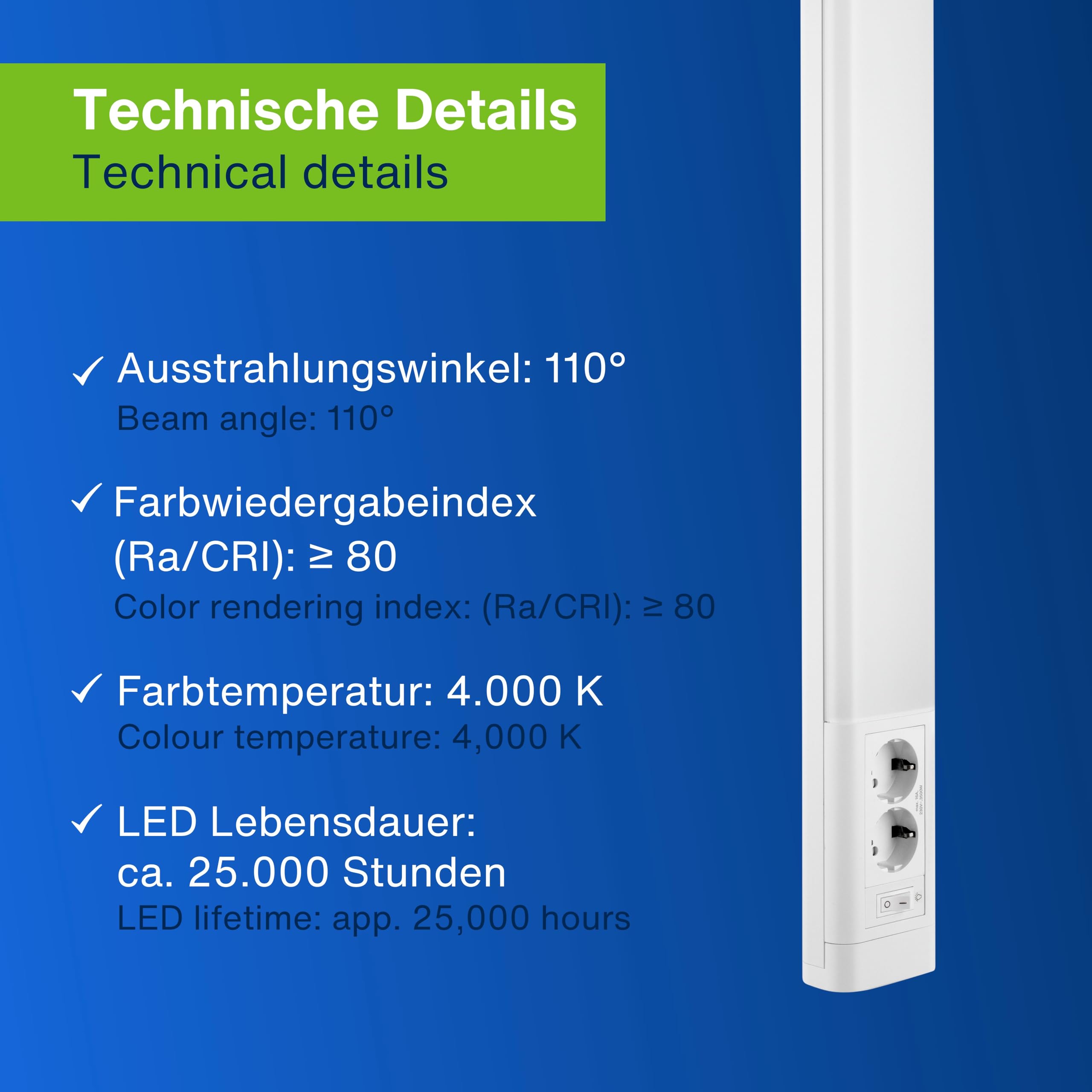 REV PENTA - Barra luminosa a LED, con 2 prese e interruttore, 15 W, 76 cm, colore: Bianco