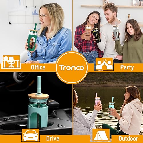 Miniatura 3 de Tronco Vaso de vidrio de 22 onzas con tapa de bambú y pajilla, taza de café helado reutilizable para té Boba, batidos y bebidas frías, vaso de