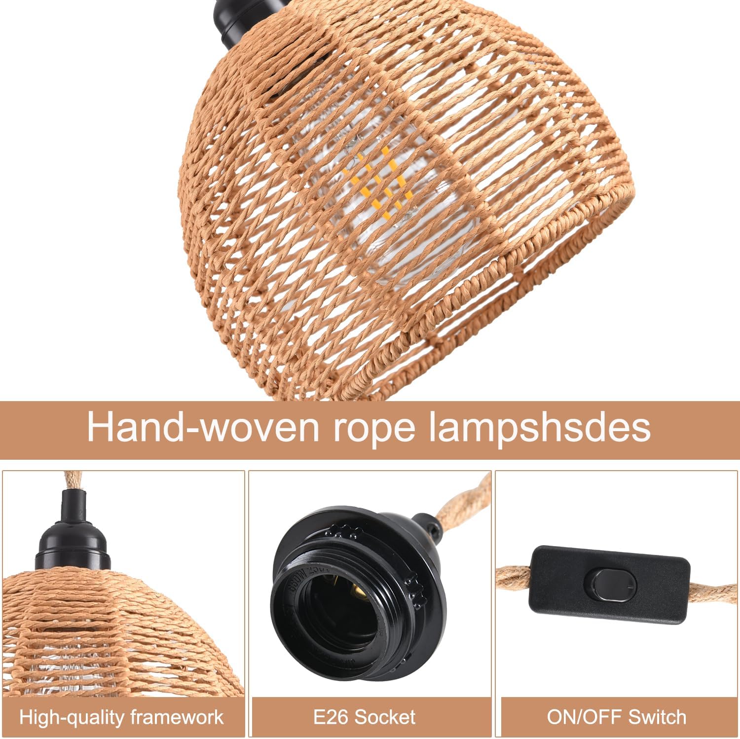 Plug in Pendant Light, Industrial Hanging Light with Plug in Cord Hemp Rope On/Off Switch Farmhouse Pendant Lamp with Plug in Cord, Vintage Hanging Lamps for Dining Room