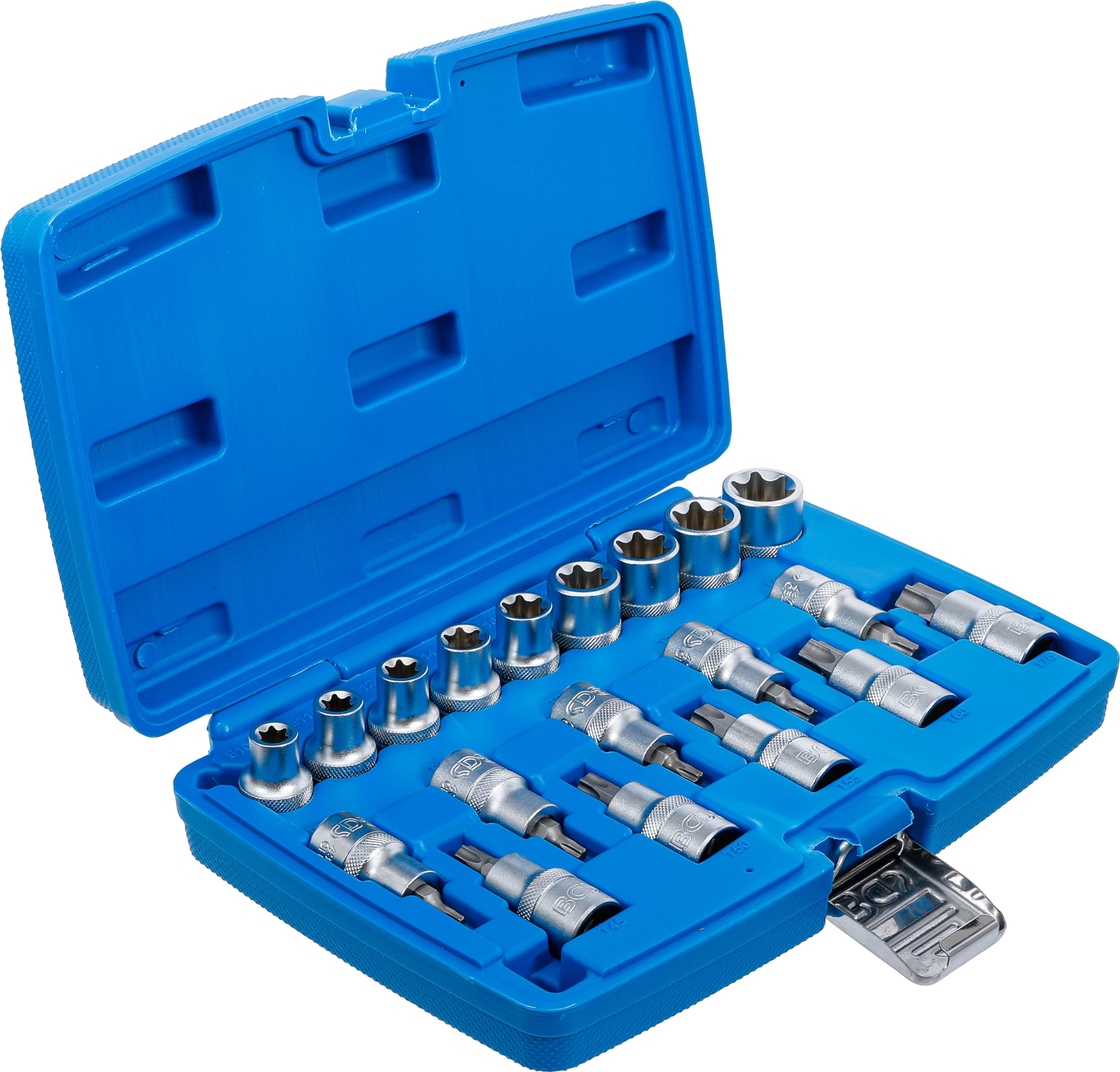 BGS 5100 | Juego de puntas y llaves de vaso | entrada 12,5 mm (1/2") | E-Torx / perfil en T (para Torx) | 19 piezas | Accionamiento cuadrado interior 12,5 mm (1/2") | perfil E | acero cromo vanadio | cromado mate | con moleteado