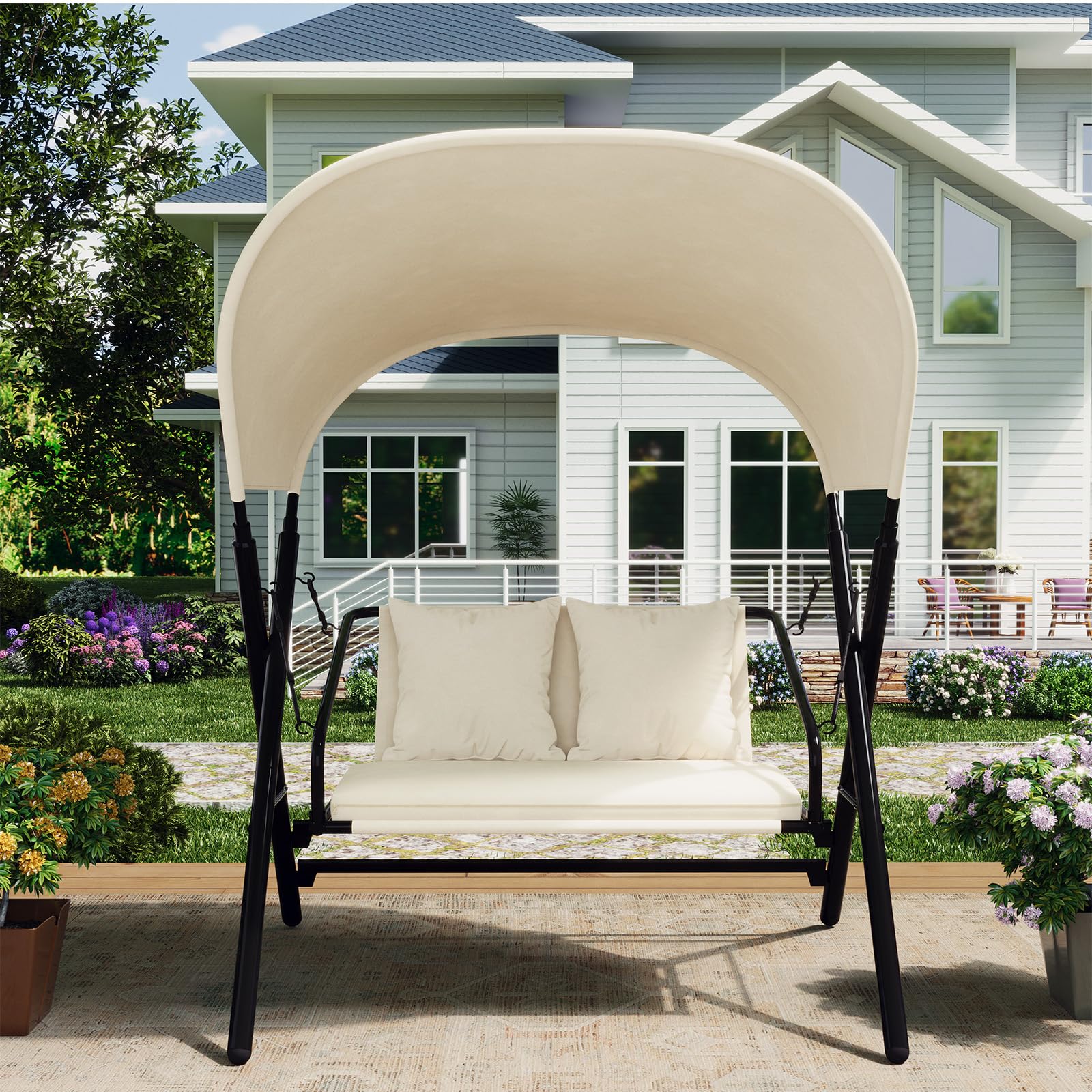 AECOJOY Outdoor Porch Swings for Adults 600LBS 2 Seat Patio Swings with Canopy Stand Thick Cushion Pillows Metal Steel Frame Patio Swing Chair for Garden Yard Deck Poolside Easy Assembly