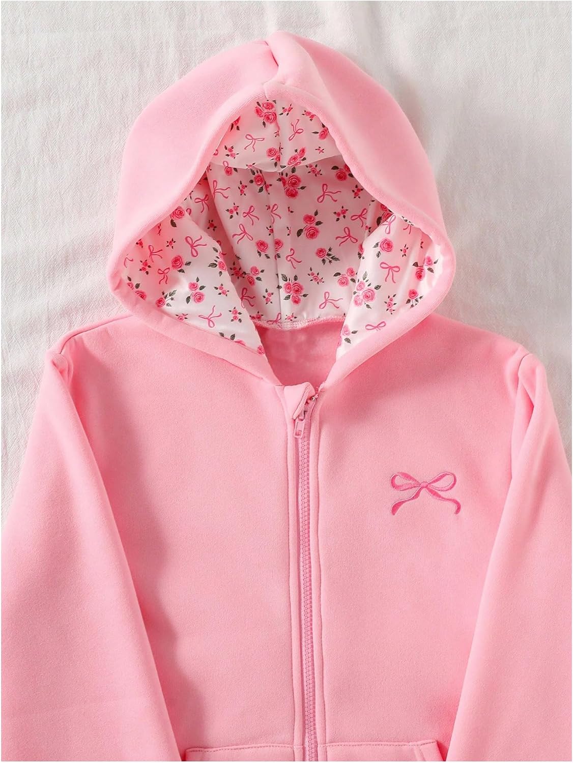 Girl's Floral Bow Hoodie Zip Up Long Sleeve Preppy Cute Sweatshirts Hoodies Tween Girls Trendy Clothes - Image 3
