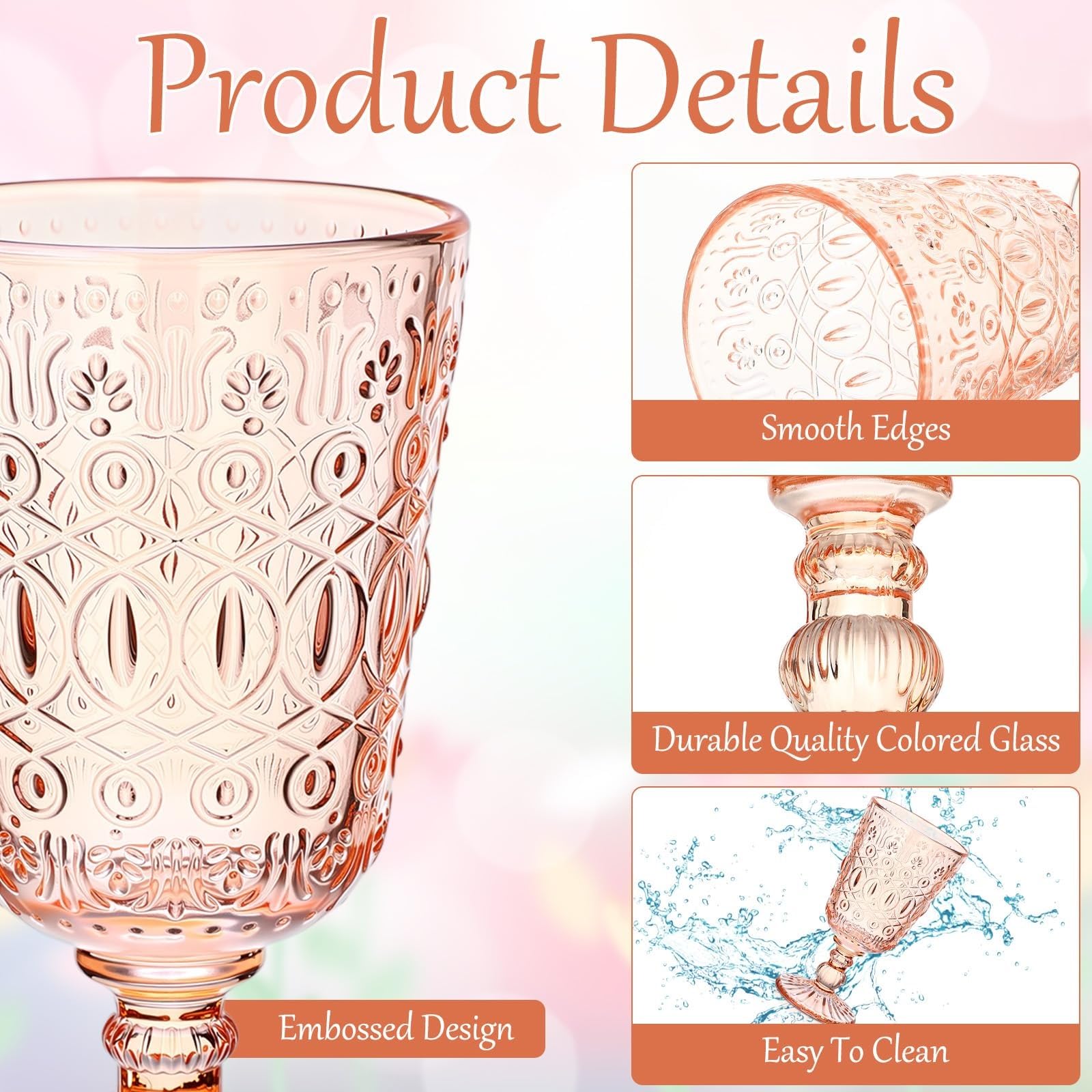 Copas de vino con relieve rosa Vintage, copas de tallo grueso resistentes for bodas, banquetes, ocasiones de aniversario, 6 uds. Vaso para bebidas