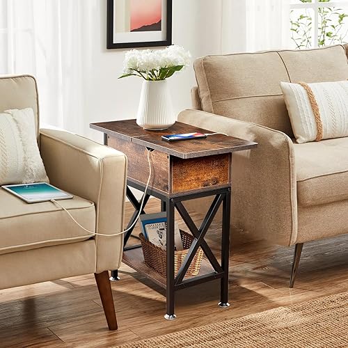 Miniatura 9 de TooCust Juego de 2 mesas auxiliares para sala de estar, mesa auxiliar con estación de carga, 11 pulgadas de profundidad x 24 pulgadas de ancho x 23