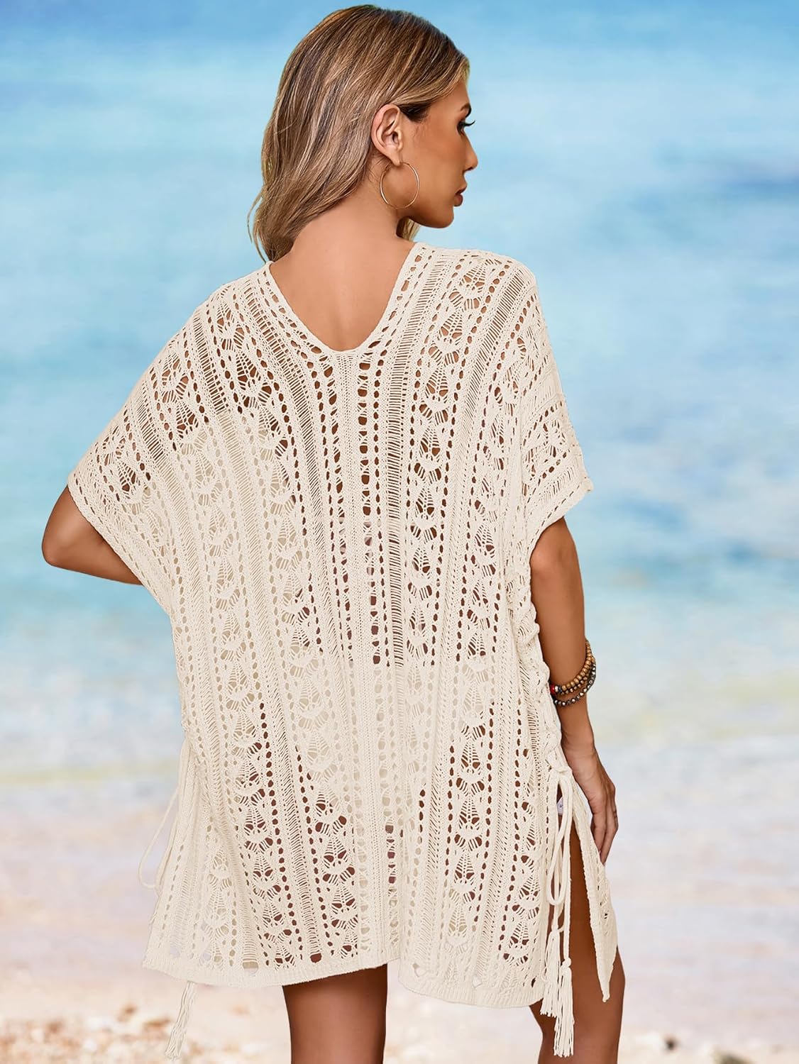 Womens Crochet Knit Swimsuit Coverup Beach Dress Summer 2025 Oversized V Neck Cap Sleeve Bathing Suit Cover Up - Image 3