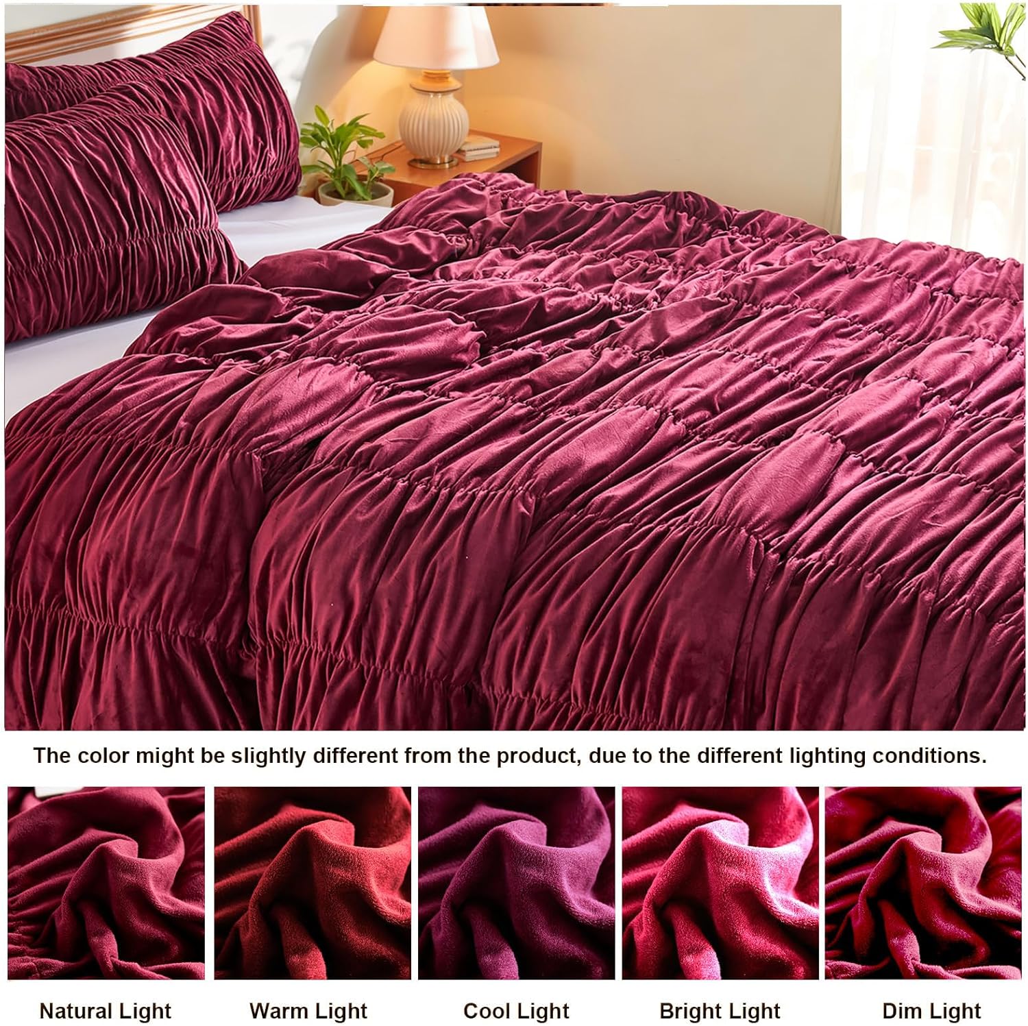 Bedbay Burgundy Velvet Queen Comforter Set,Boho Shabby Chic Ruched Bedding Comforter,Aesthetic Vintage Bedding Fluffy Ruffle Comforter Set,Ultra Soft Velvet Chenille Quilt Set,Red Full/Queen 3 Piece