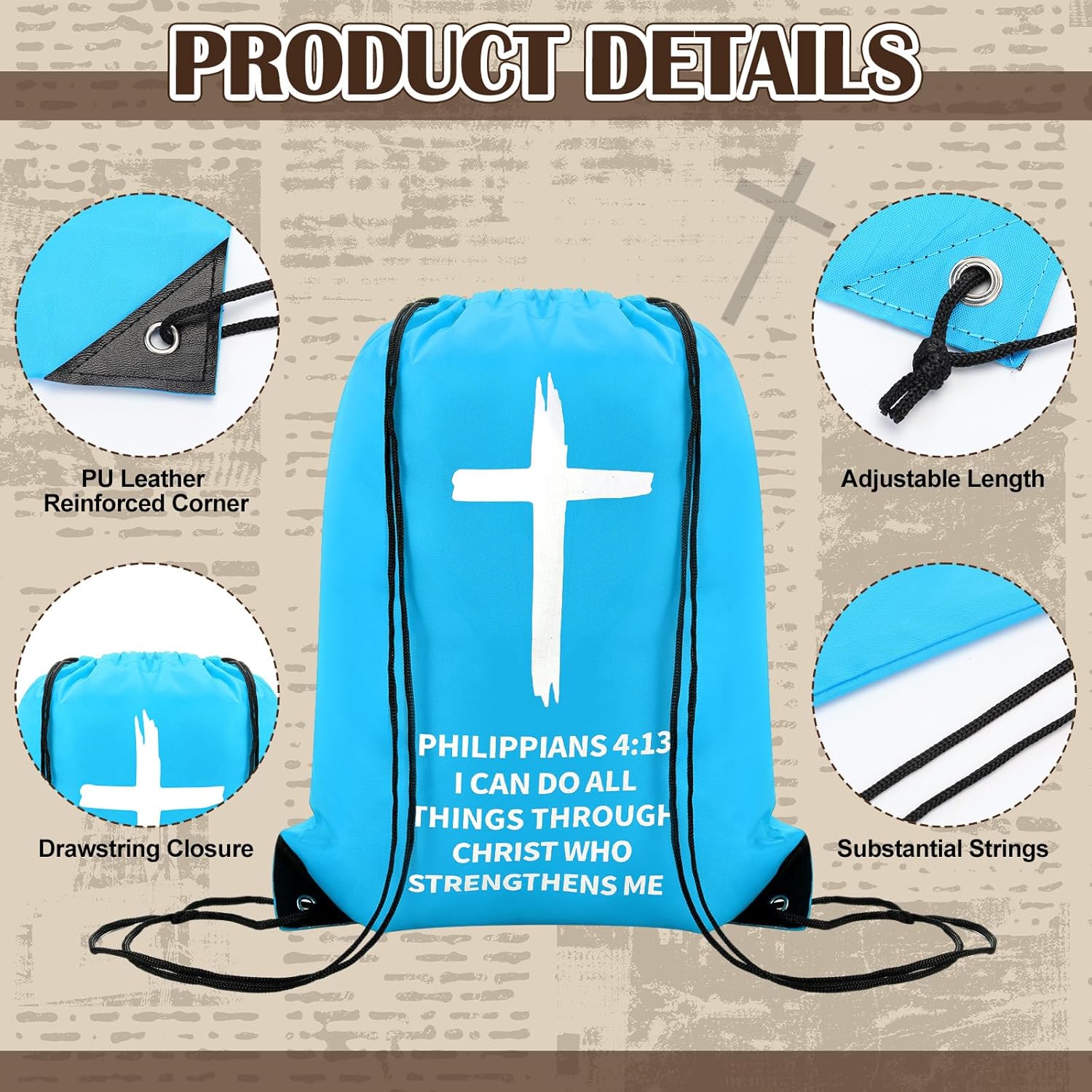 20 Pcs Christian Drawstring Backpack Bulk Religious Drawstring Bags VBS Gifts Bags Sunday School Gifts(Philippians 4:13)