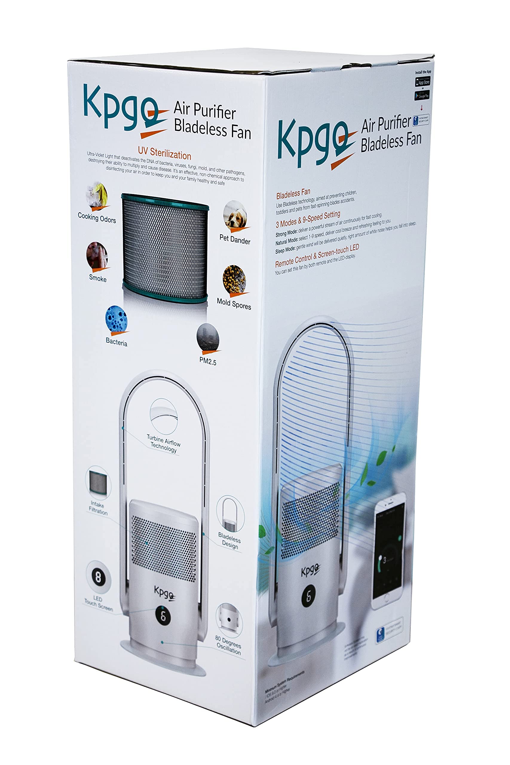 Ventilador de mesa Kpgo con purificador de aire, ventilador de columna sin aspas de oscilación con filtro HEPA, aplicación y control remoto, silencioso y potente, blanco