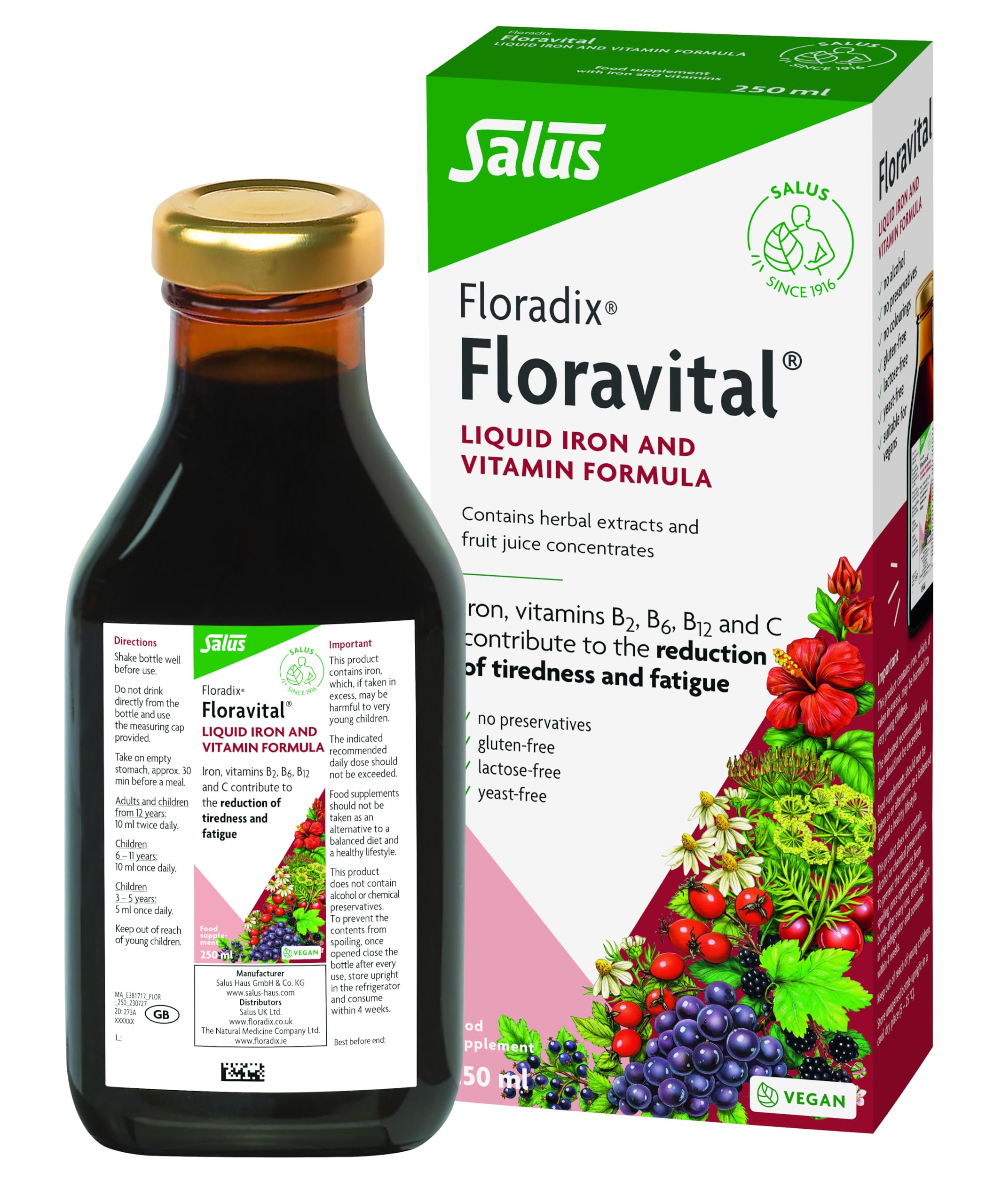 Salus Floradix Floravital Vegan Liquid 250ml – Ferrous Gluconate Iron with Vitamins B1, B2, B6, B12 & C for Energy, Reduced Fatigue & Red Blood Cell Formation