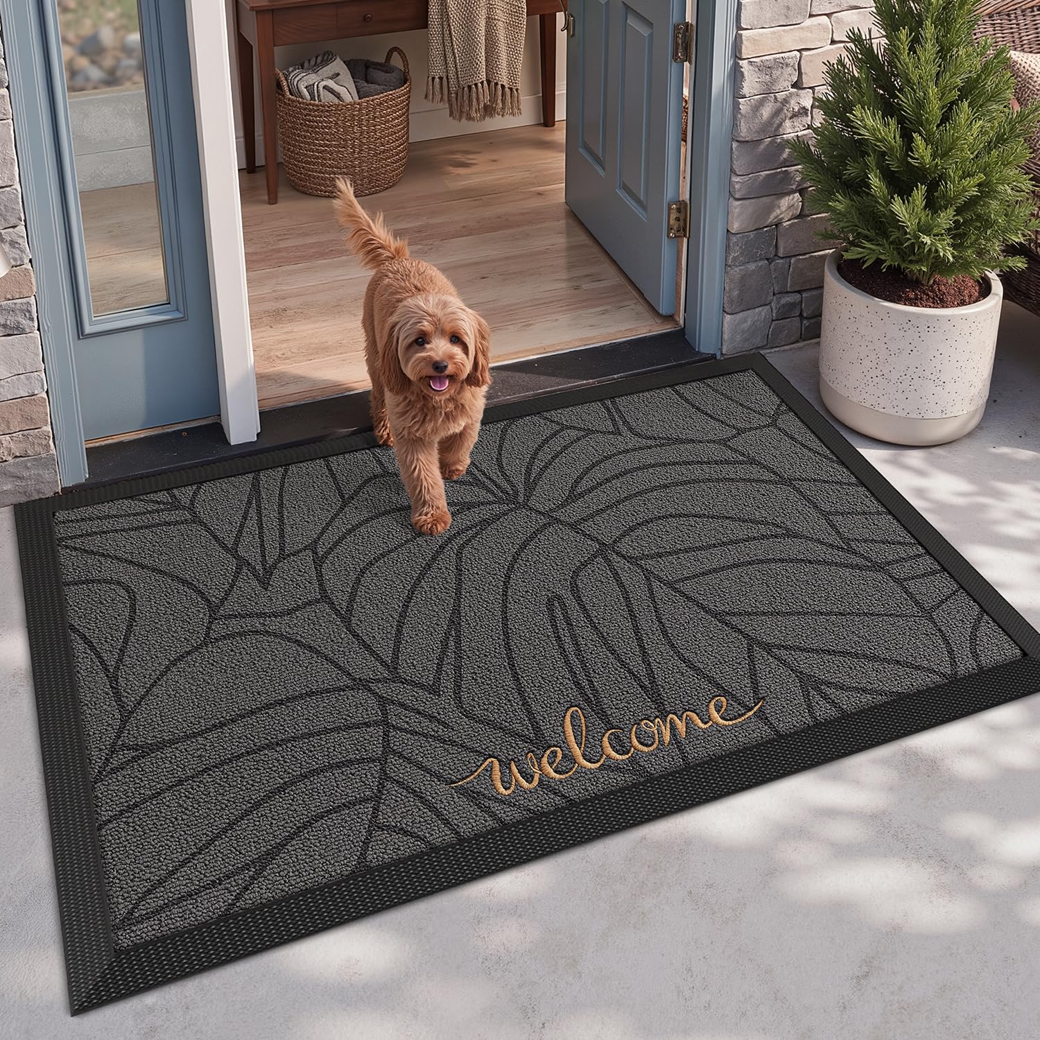 LUMI Grey Embroidered Doormat - Non-Slip Outdoor Mat -10