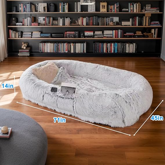 Human Dog Bed for Adults, 71 L x 45 W x 12 Giant Fluffy Dog Bed for Humans, Washable Faux Fur Napping Bed, Orthopedic Human Pet Bed with Non-Slip Bottom,Grey