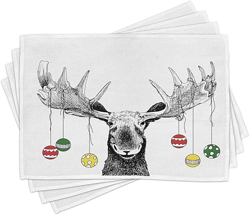 Ambesonne Juego de 4 manteles individuales de alce, adornos de Navidad de animales de Navidad, bolas colgantes de cuernos, divertidos dibujos de