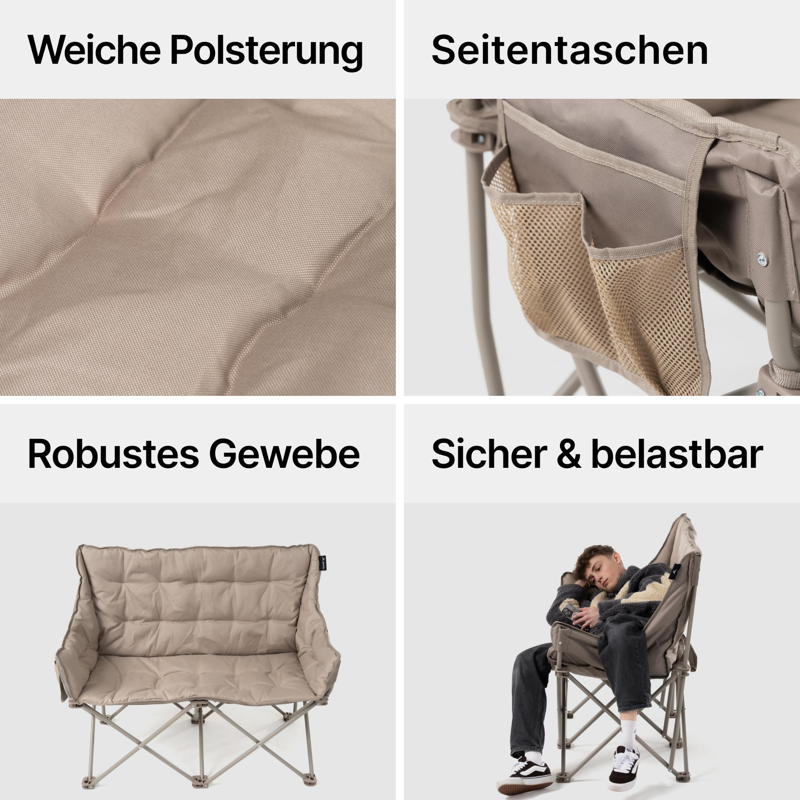 qeedo Johnny Cozy Faltbarer Campingbank gepolstert mit Cozy Bezug – Sofa-Feeling für 2 Personen – Rucksack-Packtasche – bis 300 kg belastbar