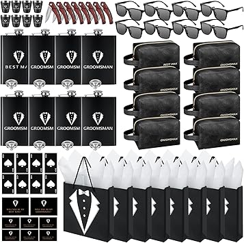 80Pcs Groomsmen Gifts Groomsmen Proposal Box with Flasks Sunglasses PU Leather Toiletry Bag Bottle Opener for Wedding Groomsman Best Man Gift (80, Black)
