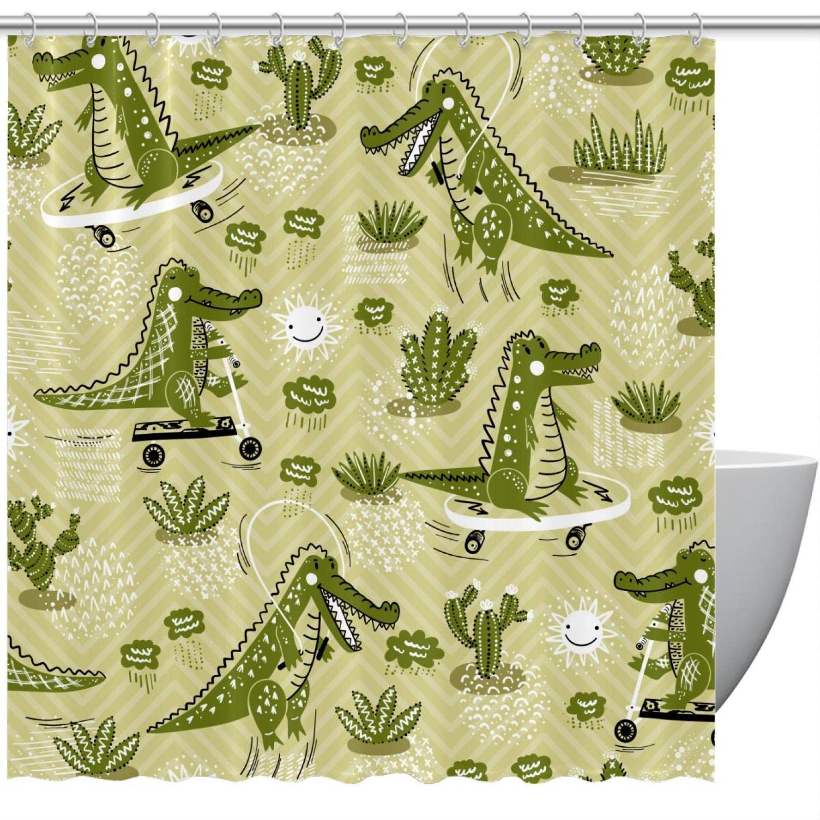 Rideau de douche crocodile avec crochets pour salle de bain enfant vert