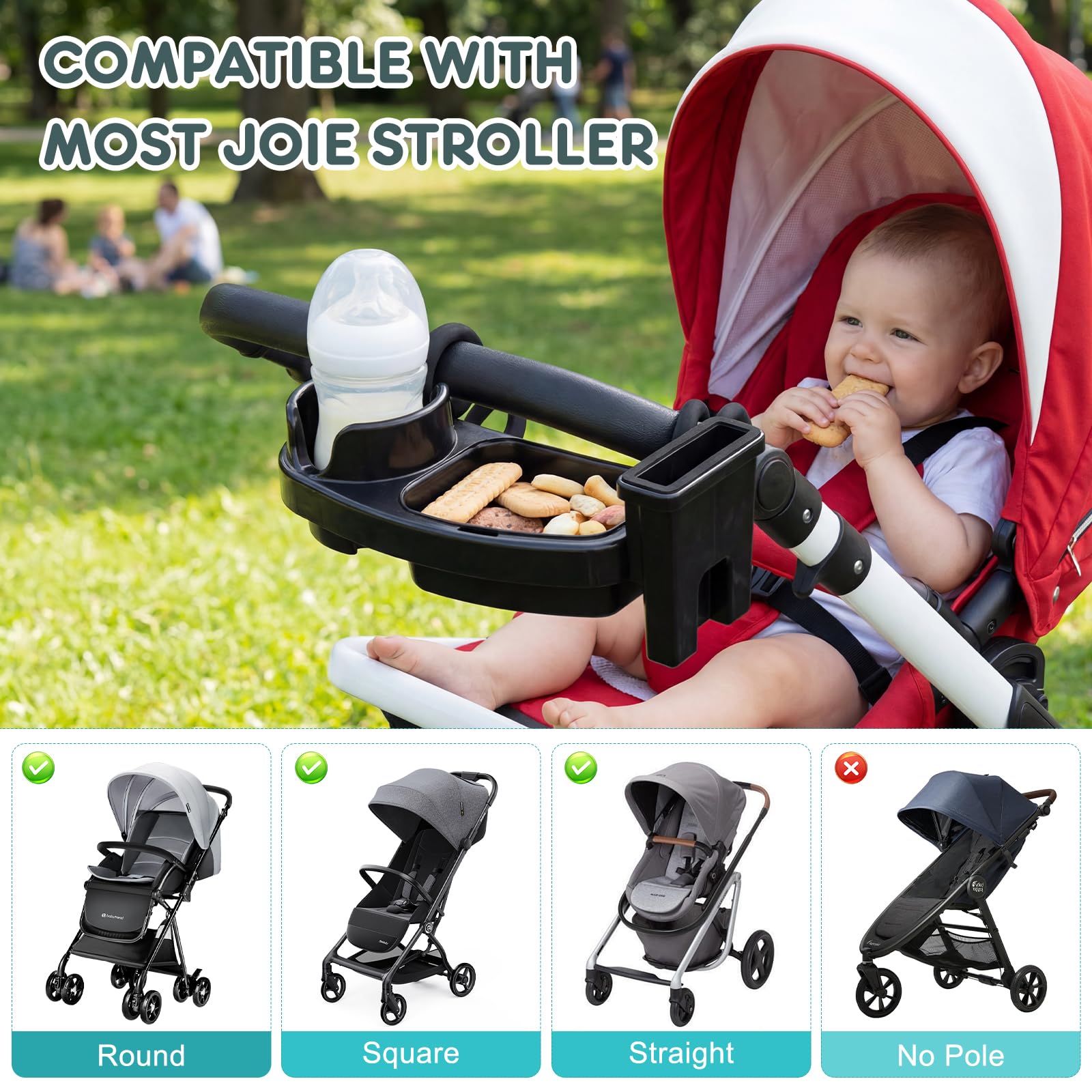 Plateau à goûter pour poussette compatible avec Joie, plateau à goûter 3 en 1 avec couvercle et porte-gobelet pour poussette, design antidérapant amovible, accessoires de poussette en ABS
