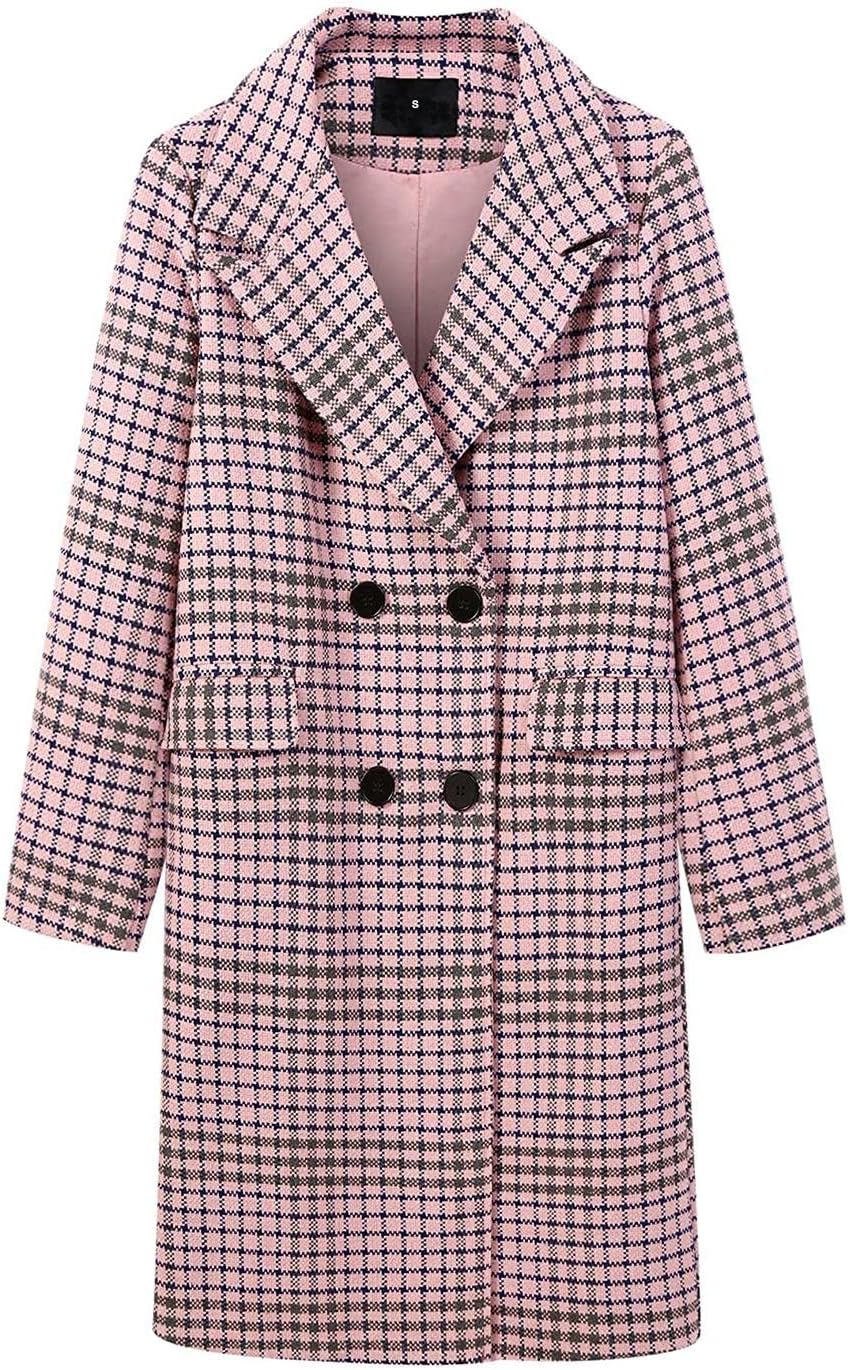 ebossy Women's Elegant Double Breasted Plaid Mid-Long Over Coat Striped Plain Wool Blend Peacoat