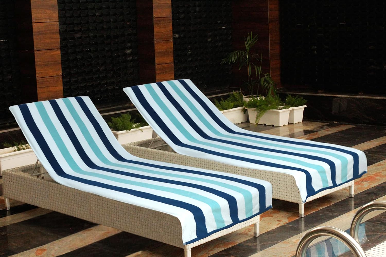 COTTON CRAFT Pool Lounge Chair Cover - 2 Pack Cabana Stripe Chaise Lounge Chair Cover - Soft 100% Cotton Dobby Terry Towel Beach Chair Cover - Oversized 32 W x 82 Length x 7 inch Pocket – Ocean Blue
