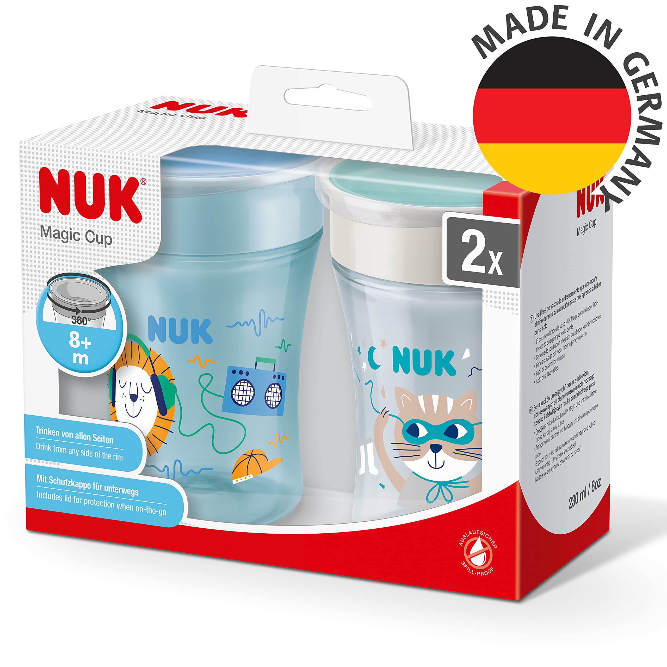 NUK Magic Cup Tasse d’Apprentissage | Bordure 360° Antifuites, pour Bébé 8+ Mois | 230 ml, Lion (Bleu) / Chat (Turquoise), 2 Unités