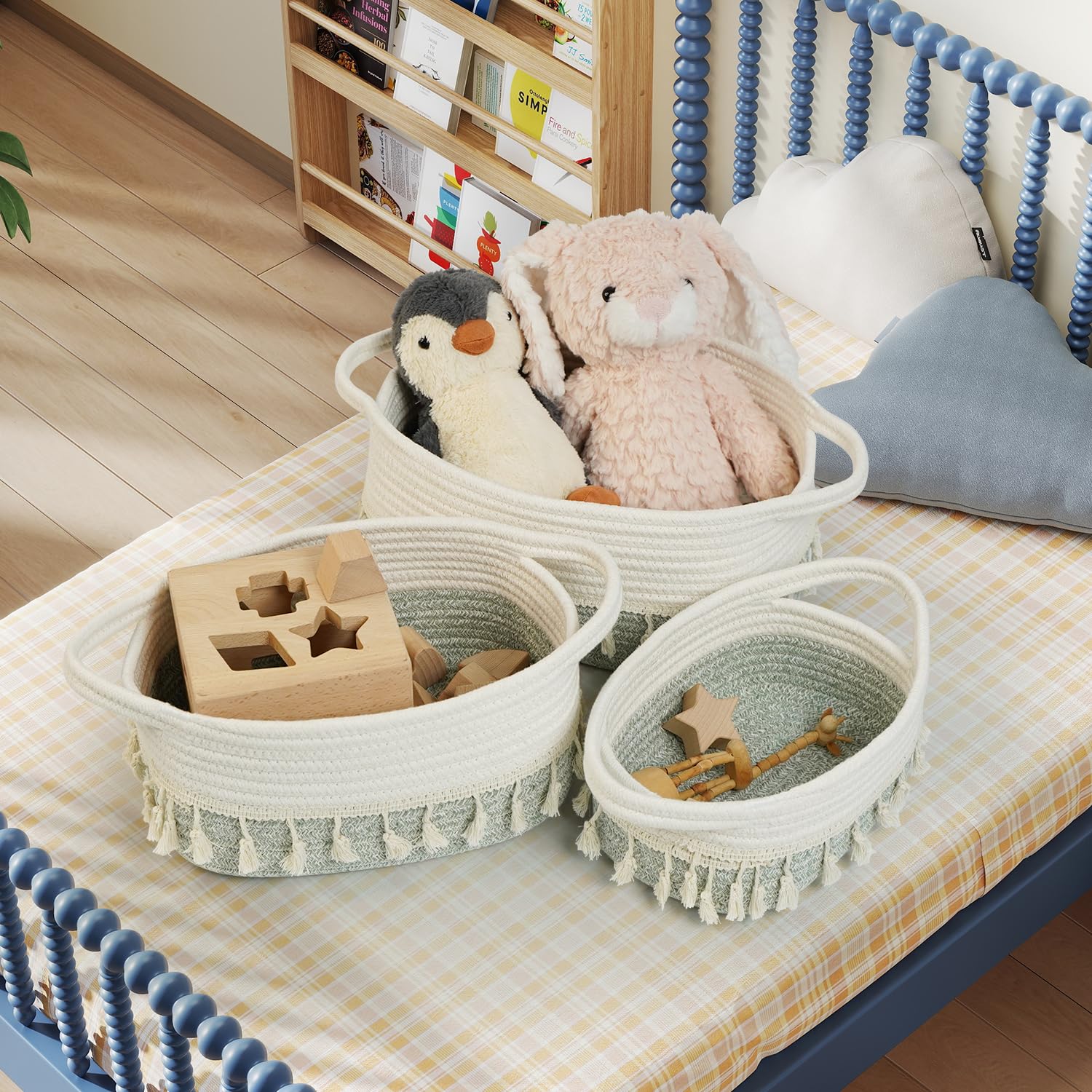 danpinera Set di 3 Cestini Portaoggetti, Cestino Portaoggetti Intrecciato in Corda, Impilabile Organizer Fasciatoio, Cesto Portaoggetti Ceste Portaoggetti per Bagno Cestino Boemo, Bianco e Verde