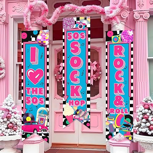 Miniatura 6 de 3 piezas de decoraciones de fiesta de los años 50, pancarta con texto en inglés "I Love the 50s, Sock Hop", letreros de porche Rock & Roll para