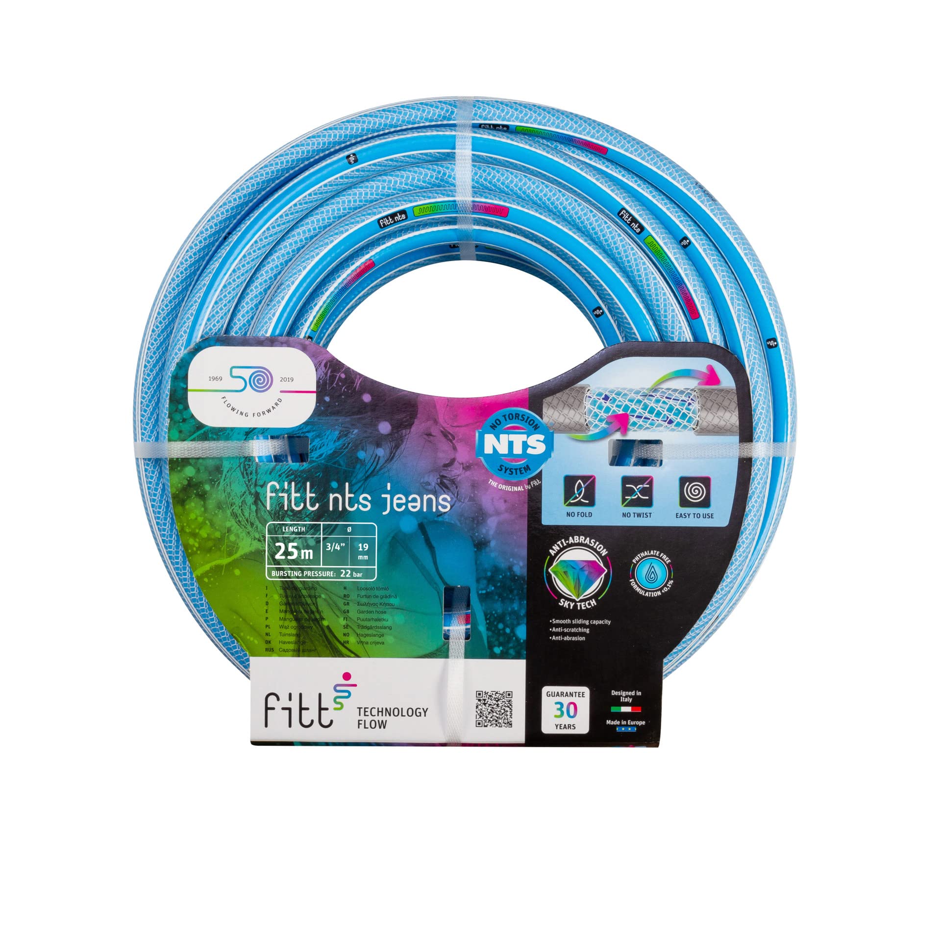 FITT NTS Jeans 3/4" (19mm) 25m - Strong and malleable Light Blue Garden Watering Hose for Intensive Use, Featuring Exclusive Technologies