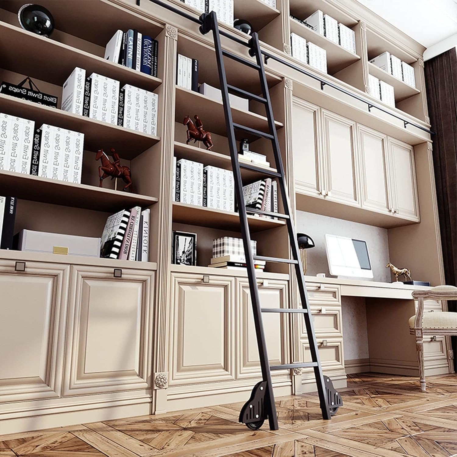 3.3ft-20ft Rolling Library Ladder Hardware Kit, Sliding Barn Door Hardware Track Accessories, Black Round Tube Carbon Steel with Floor Rollers (Size : 3.3ft/100cm Track Kit)