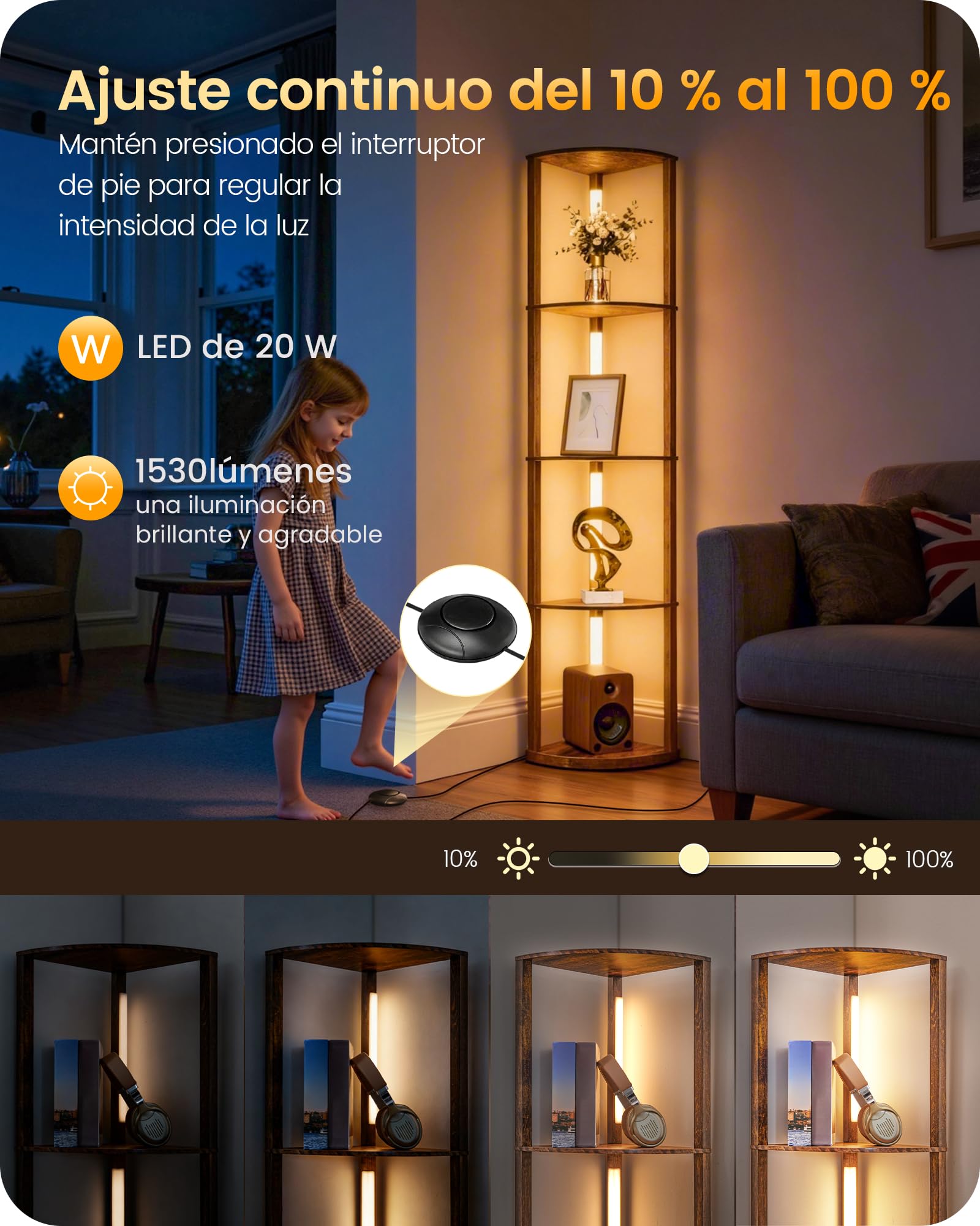 Lámpara de Pie con Estantes, Lámpara de Salón Regulable de Madera, Estantería de Esquina con LED, 3 Temperaturas de Color, Barra Giratoria 360°, Dormitorio, Salón, Oficina, Marrón Rústico