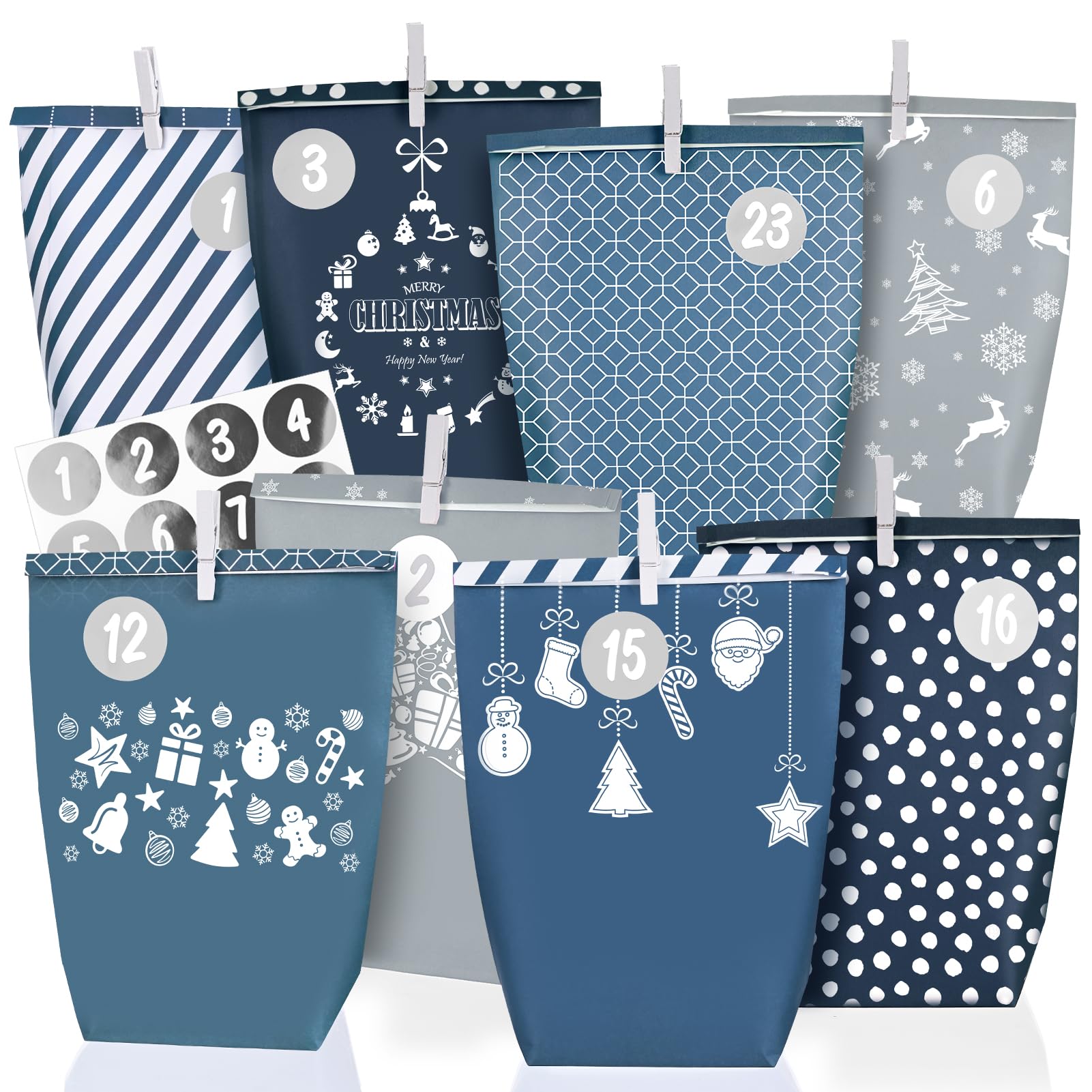 Adventskalender zum Befüllen - 24 blau-grauen Papiertüten groß (22x16x6cm) zum Selber füllen - Weihnachtskalender tüten für Kinder Junge und Männer, Wiederverwendbar