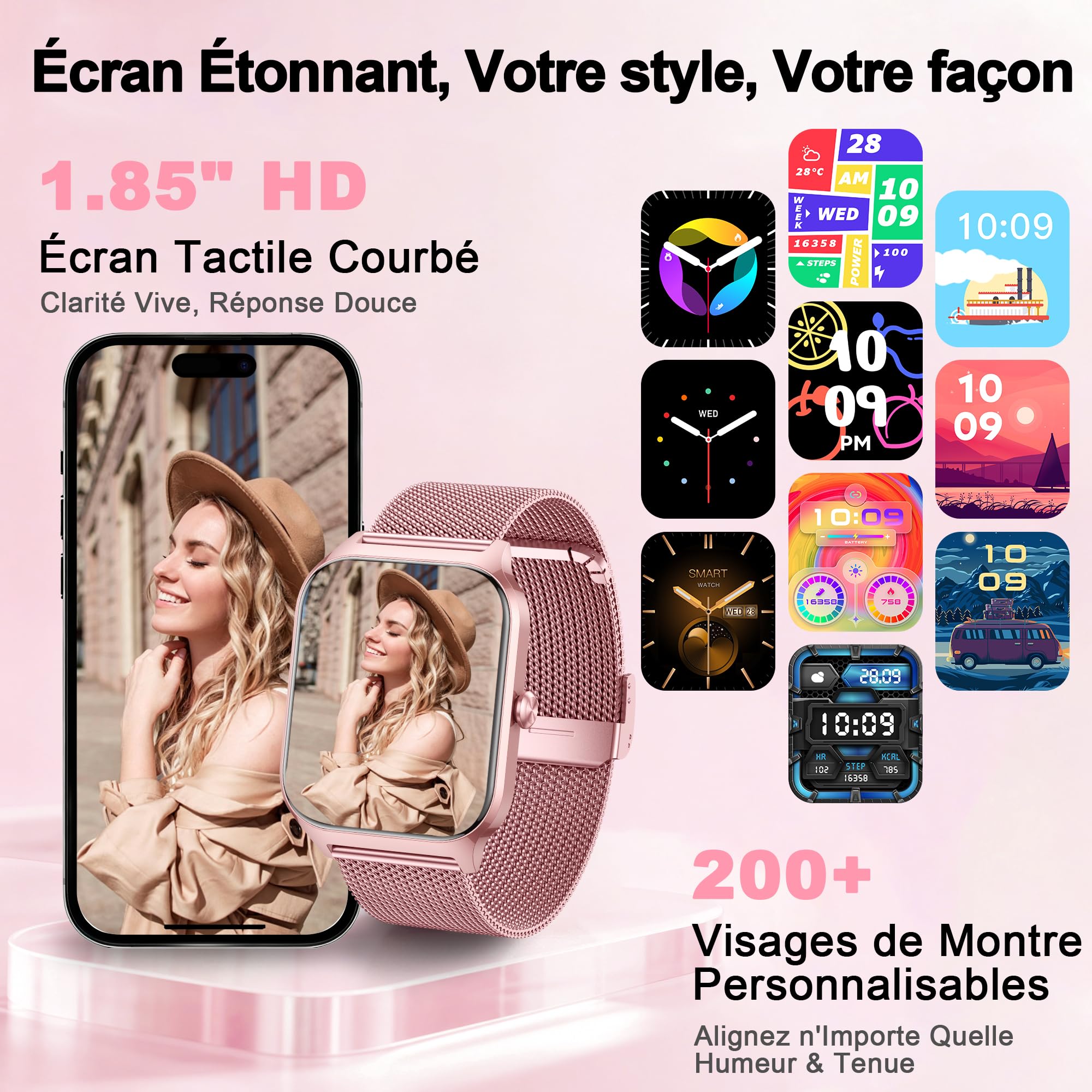 LODIMEKE Montre Connectée Tension Artérielle pour Samsung Apple Xiaomi Phone, 1.85" Smartwatch Homme Femme avec Appel Bluetooth, Fréquence Cardiaque, Stress, Sommeil, Podomètre, 100+ Sports, Cadeau