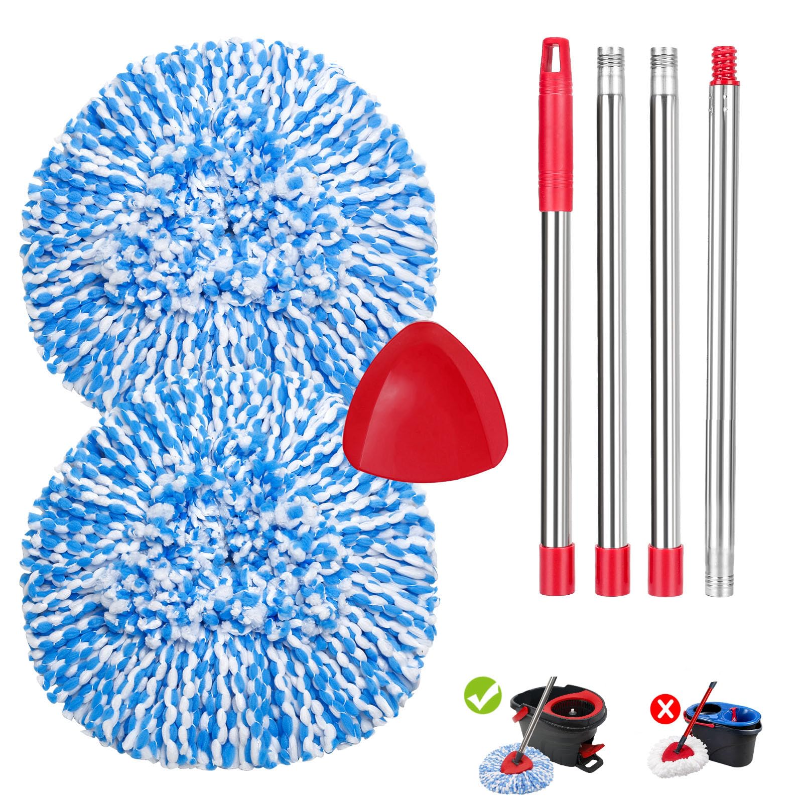 2 Pack Spin Mop Replace Head Compatible for O Ceda EasyWring 1-Tank Triangle System, Mop Replacement Head for 5.9inch Mop,Include 2 Oceda Refill Heads+ 1 Mop Base+30-58In Mop Handle