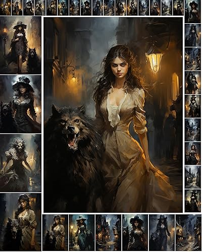 Decoupage - Paquete de papel (35 hojas de 6 x 8 pulgadas), hermosa extraña chica lobo con lobo aterrador FLONZ Halloween Vintage Ilustración