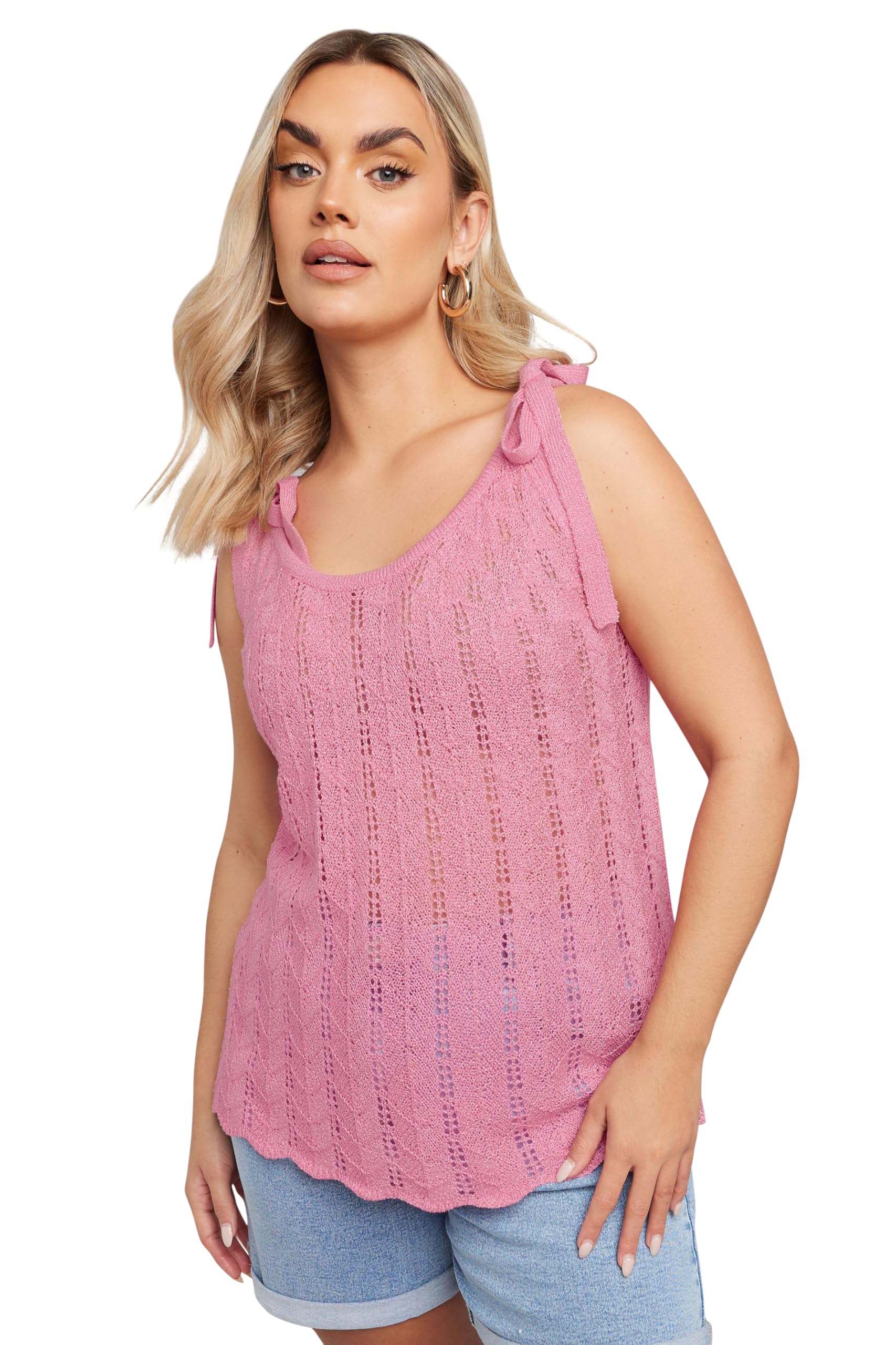 Yours Women's Pink Curve Bow Tie Detail Knitted Vest Top - Plus Size Curve