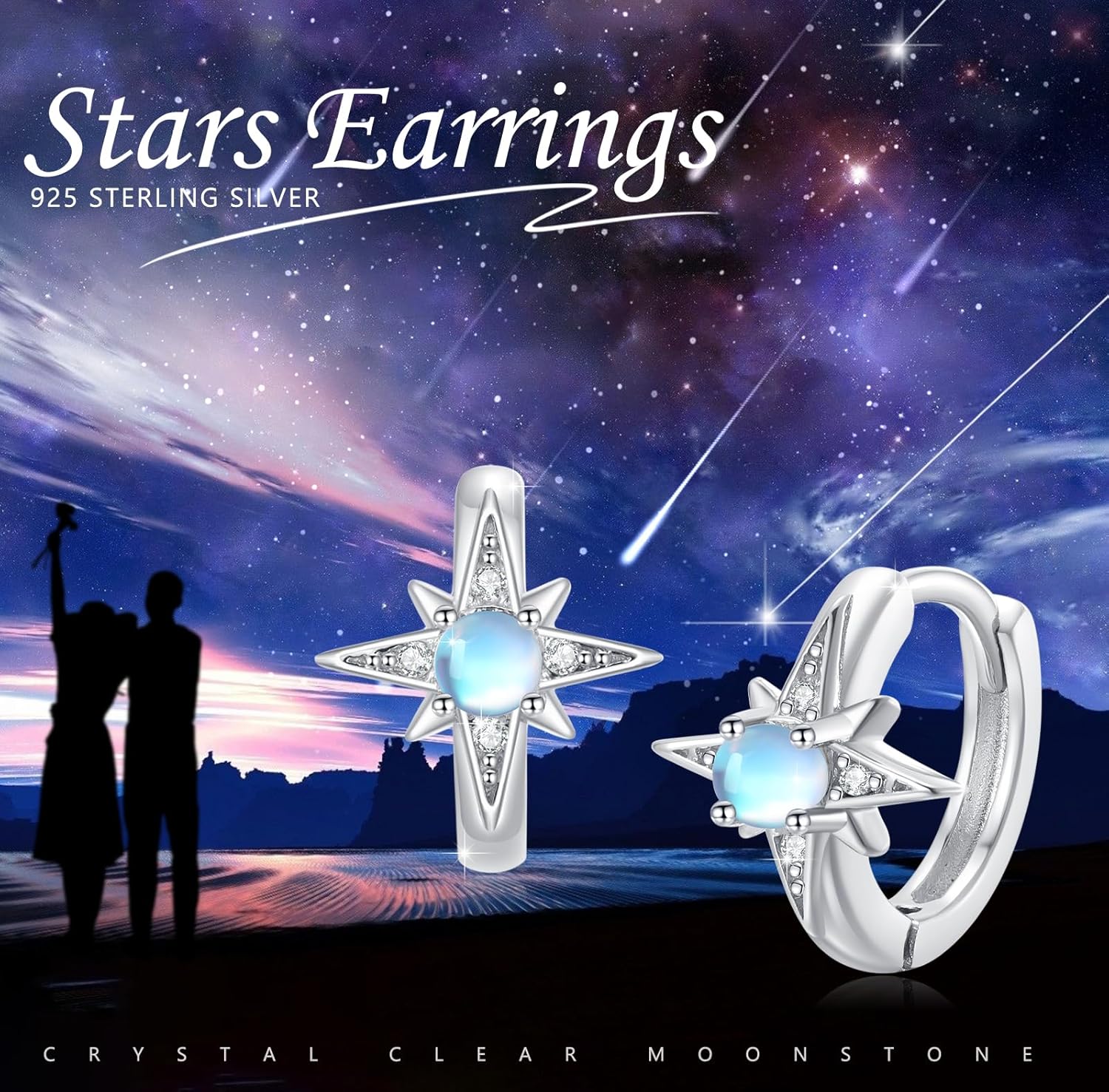 Star Earrings for Women 925 Sterling Silver Star Moonstone Hoop Earrings Small Hoop Earrings Moonstone Jewelry Gifts for Women - Image 6