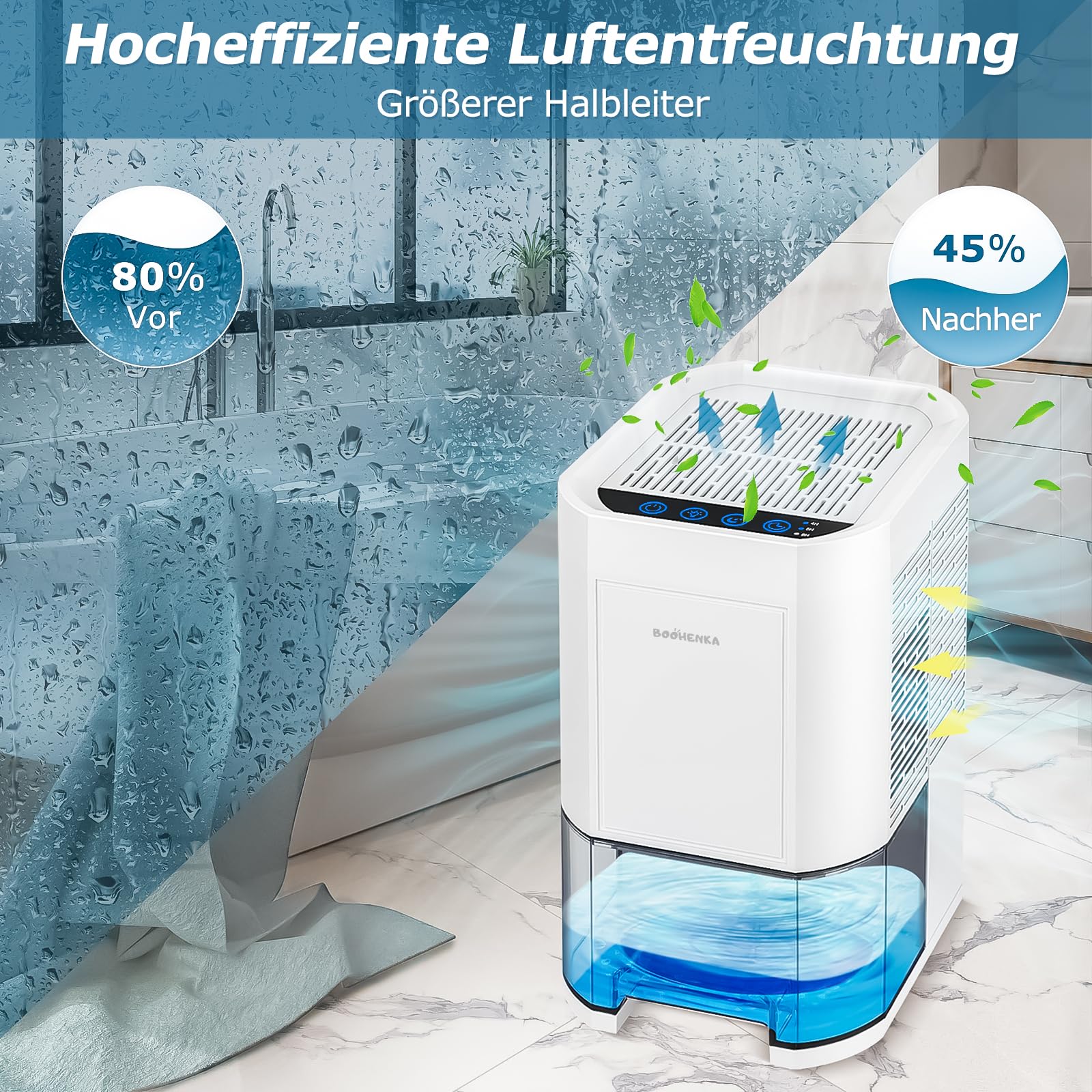 BOOHENKA Elektryczny osuszacz powietrza, 1200 ml, mały dehumidifier, automatyczne rozmrażanie do piwnicy, łazienki, 7 kolorów, z timerem, przeciwdziała wilgoci, bardzo cichy