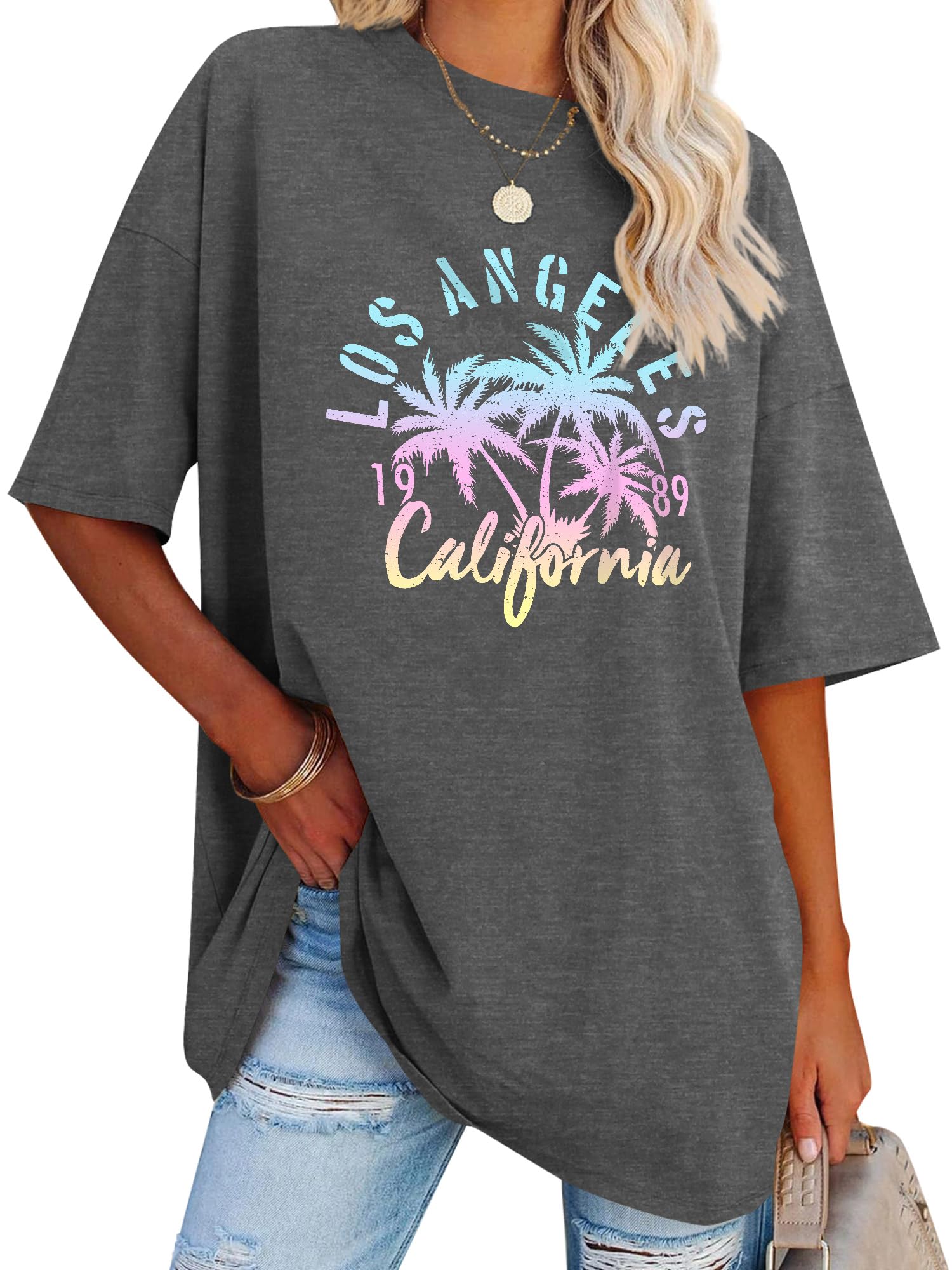 Dresswel Oversized T Shirt Women's Los Angeles California Letter Print Vintage T-Shirt Short Sleeve Crew Neck Summer Tops Loose Blouse Long Tunic Top for Teenager Girls