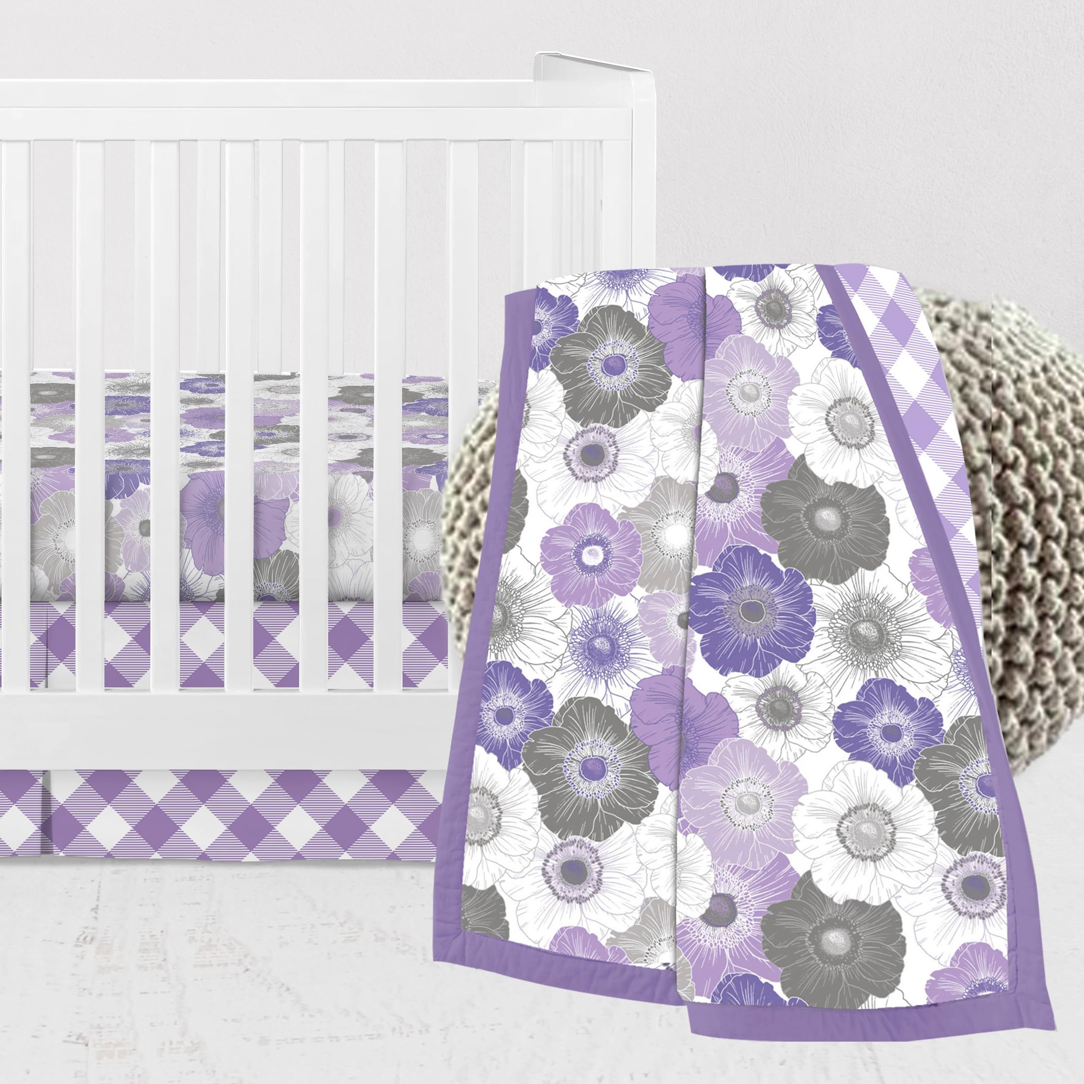 Bacati - Watercolor Floral Purple Gray Chocolate Girls 3 Piece Baby Crib Bedding Set