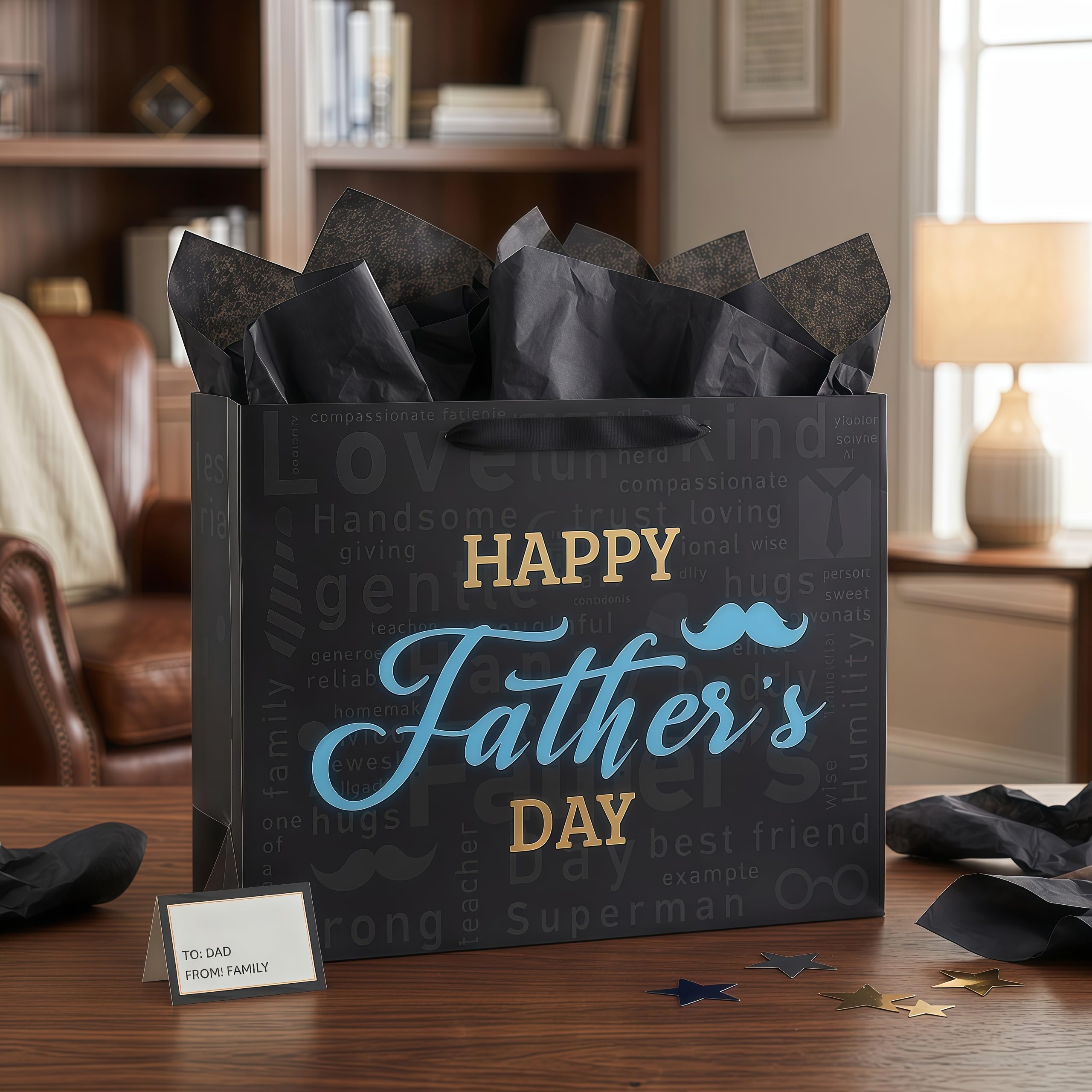 Qirrmiy 16.5'' Extra Large Father's Day Bag Gift Bag Set with Handles, Greeting Card, Black Tissue Papers and Stickers for Men for Best Dad Ever, Dad Day, Father's Day Design, 1 Pcs