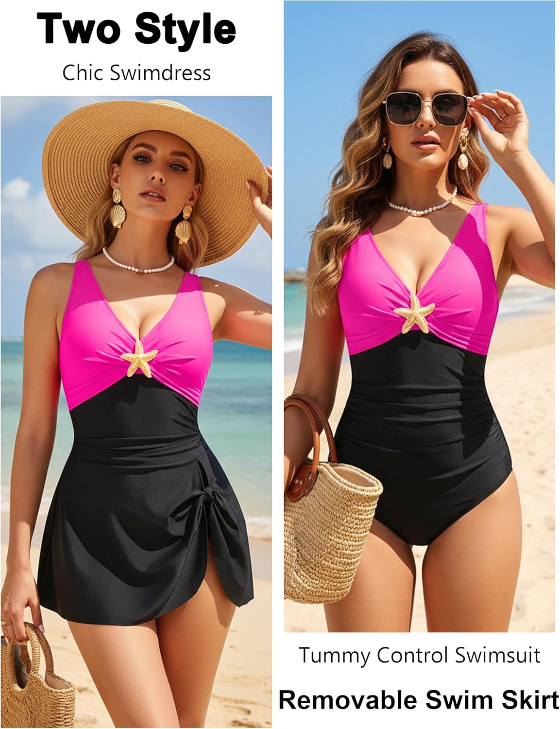 BMJL Womens One Piece Swimsuit with Swim Skirt Slimming Tummy Control Bathing Suit Metal Starfish Tie Knot Swimwear - Image 2