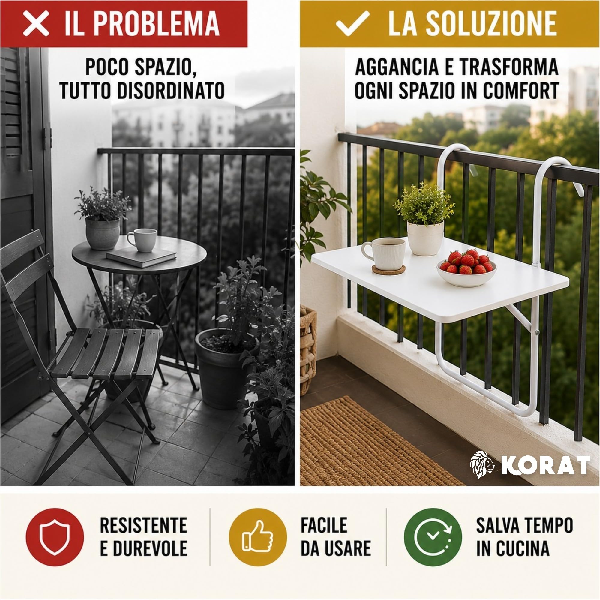 KORAT - Tavolo da Balcone Sospeso 60x40 cm, Tavolino Pieghevole da Ringhiera con Ganci Regolabili fino a 15 cm, Portata 15 kg, Tavolo Salvaspazio per Balcone, Terrazzo e Giardino