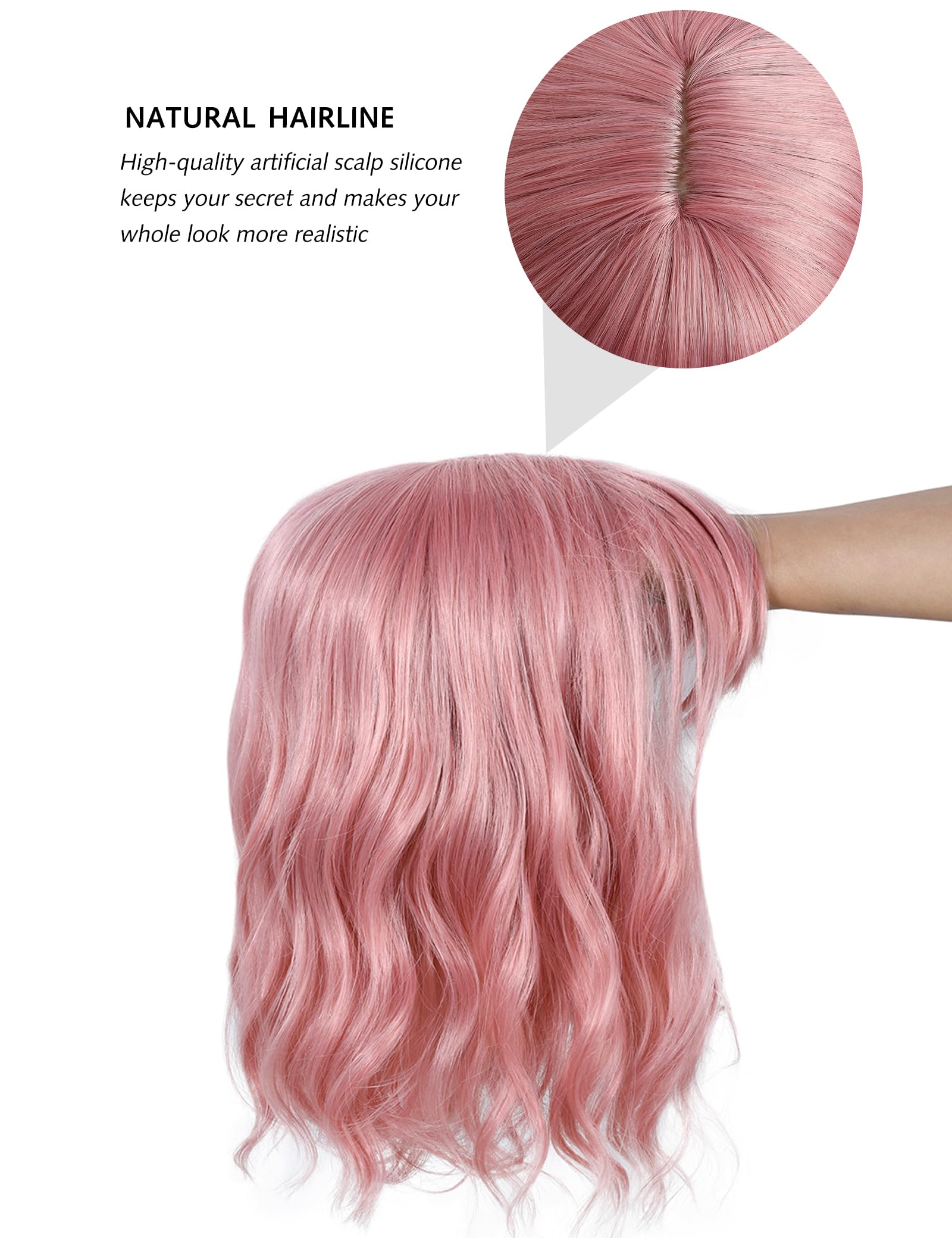 BUYOGET Wavy Bob Wig with Bangs Synthetic Hair Shoulder Length 12 Inch Short Curly Wigs for Women Natural Pink - Image 4